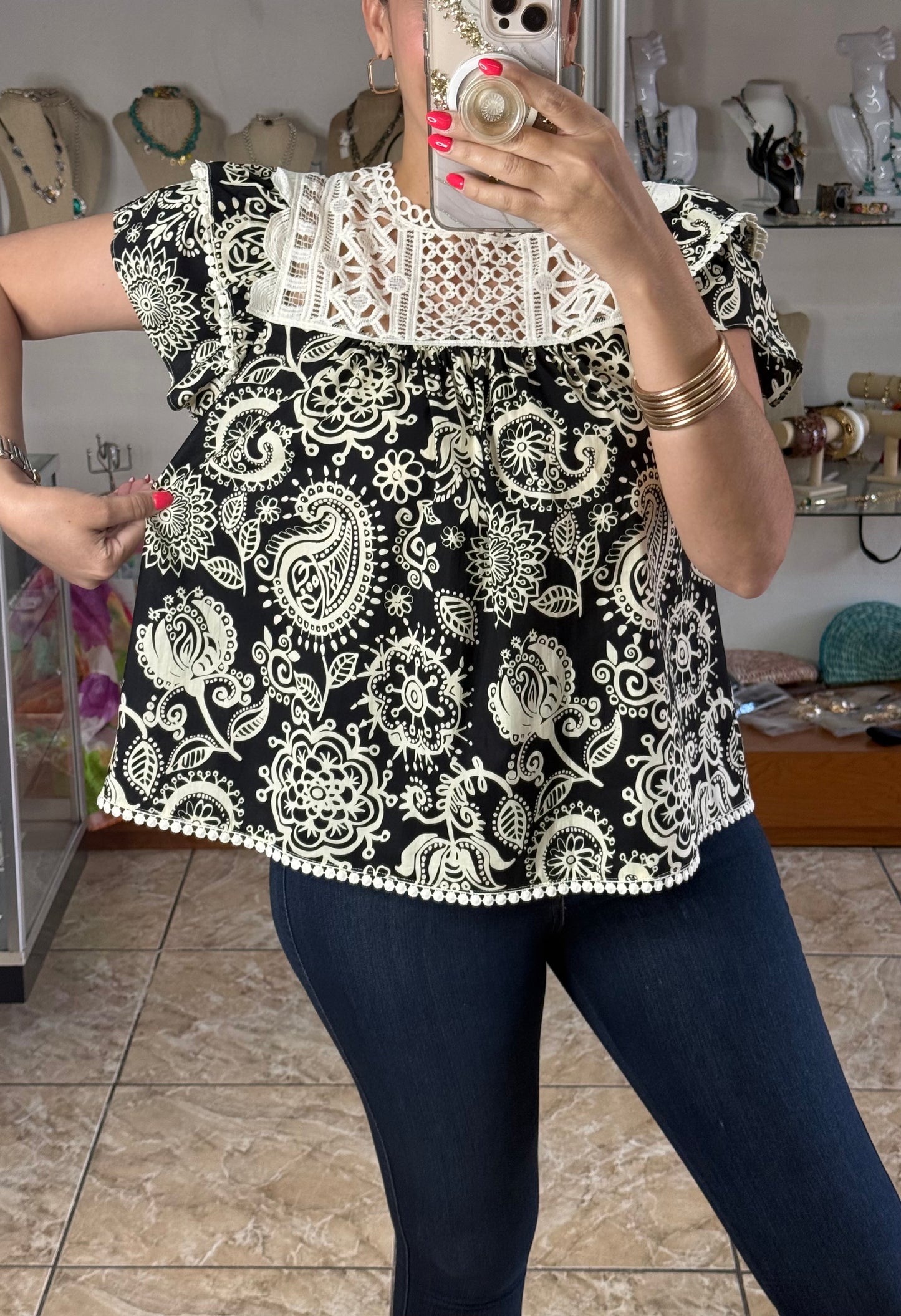 Black/Cream Paisley Top