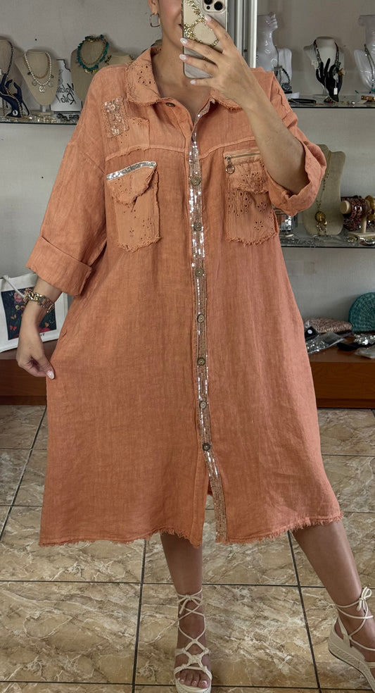 Long Sleeves OS Linen Midi Dress (NO RETURNS OR EXCHANGE)