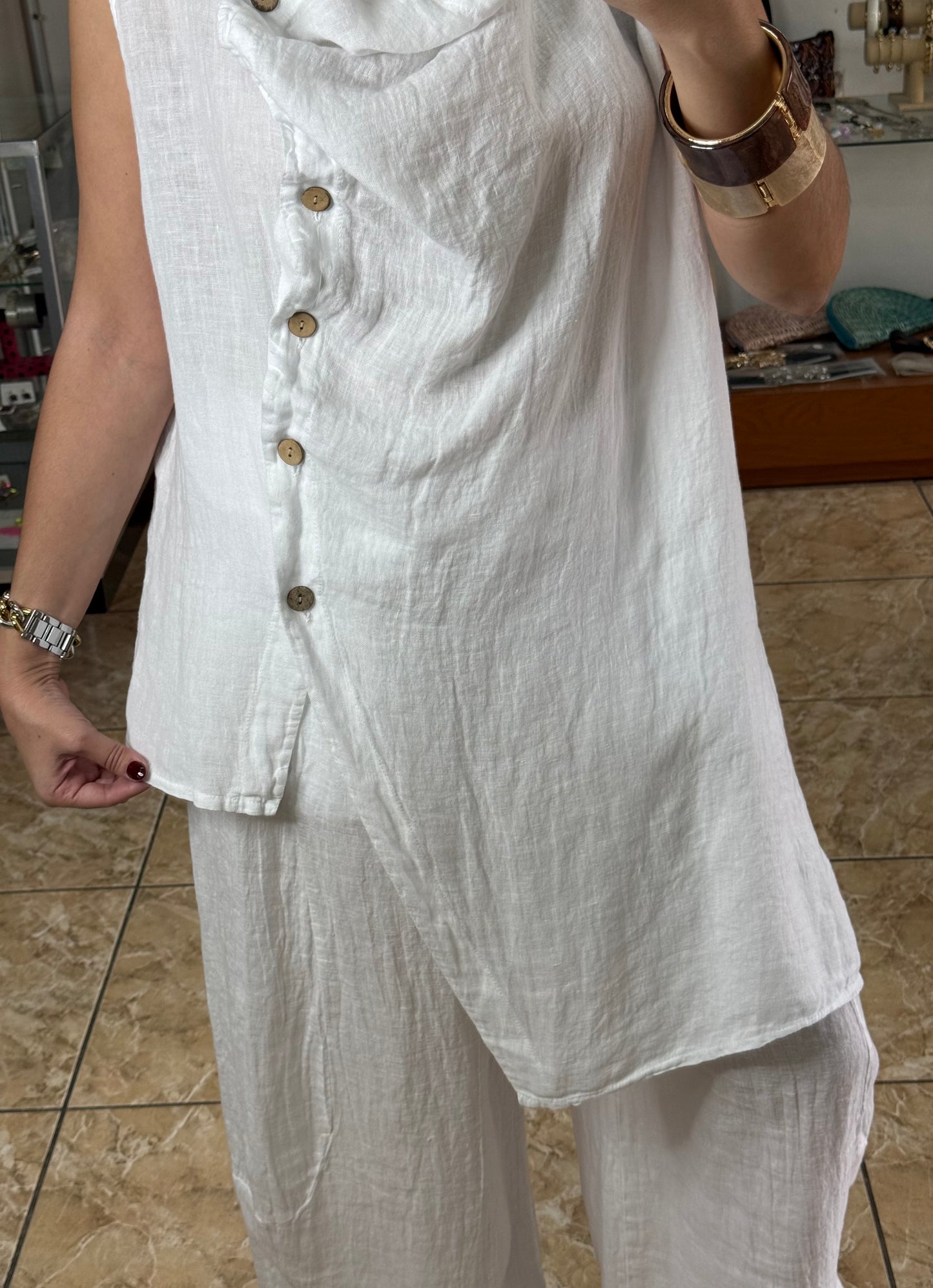 OS Linen Asymmetrical Top & Barrel Pant Set (NO RETURNS OR EXCHANGE)