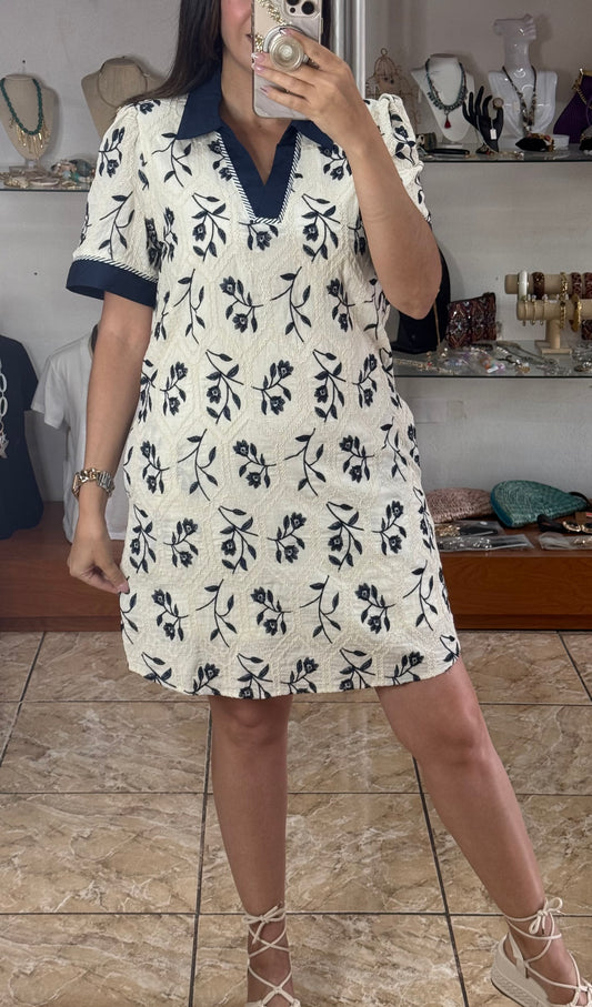 Cream/Navy Embroidered Dress (Reg & Plus)