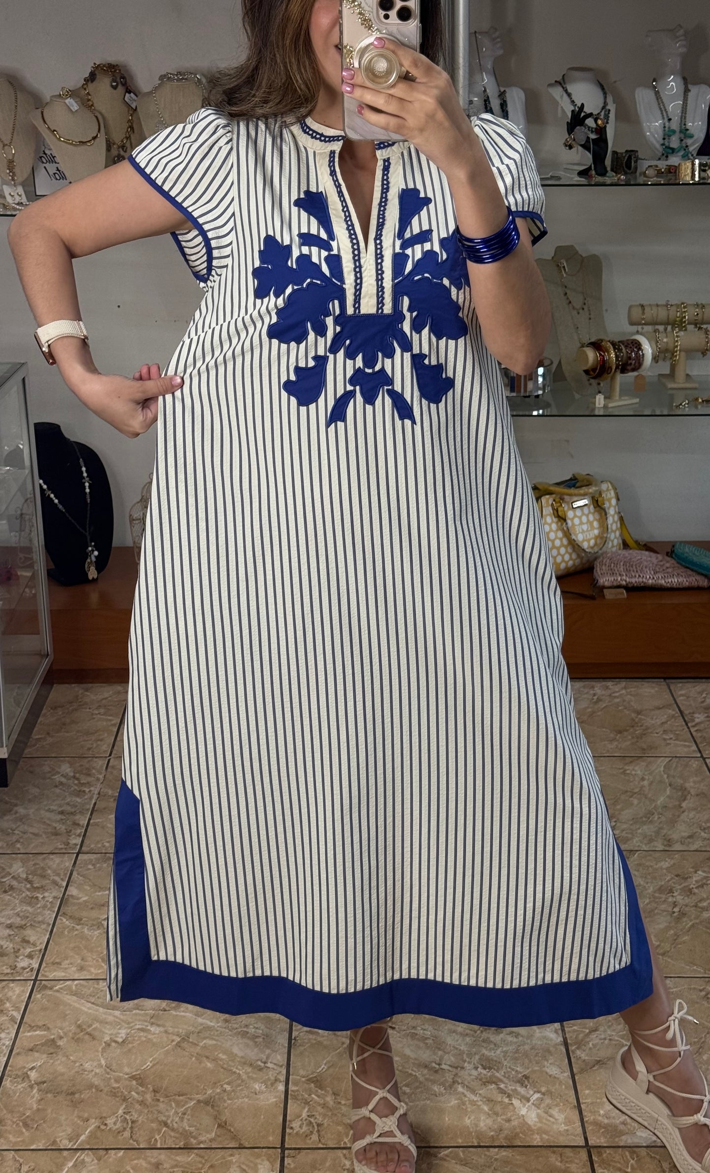 Stripes Embroidered Midi Dress