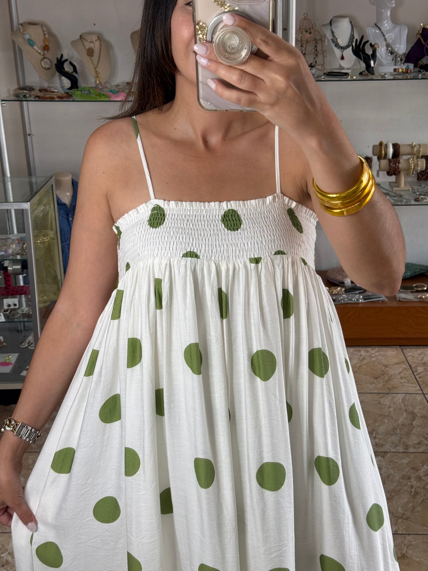 Cream/Green Polkadot Dress