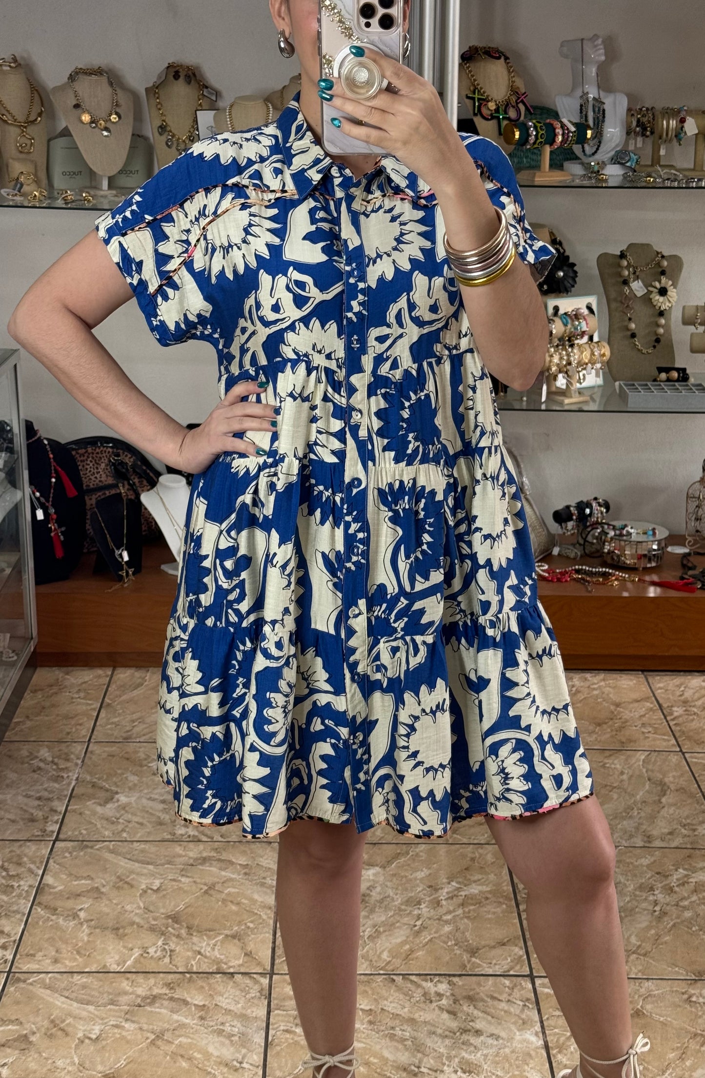 White/Blue with Leopard Detail Dress