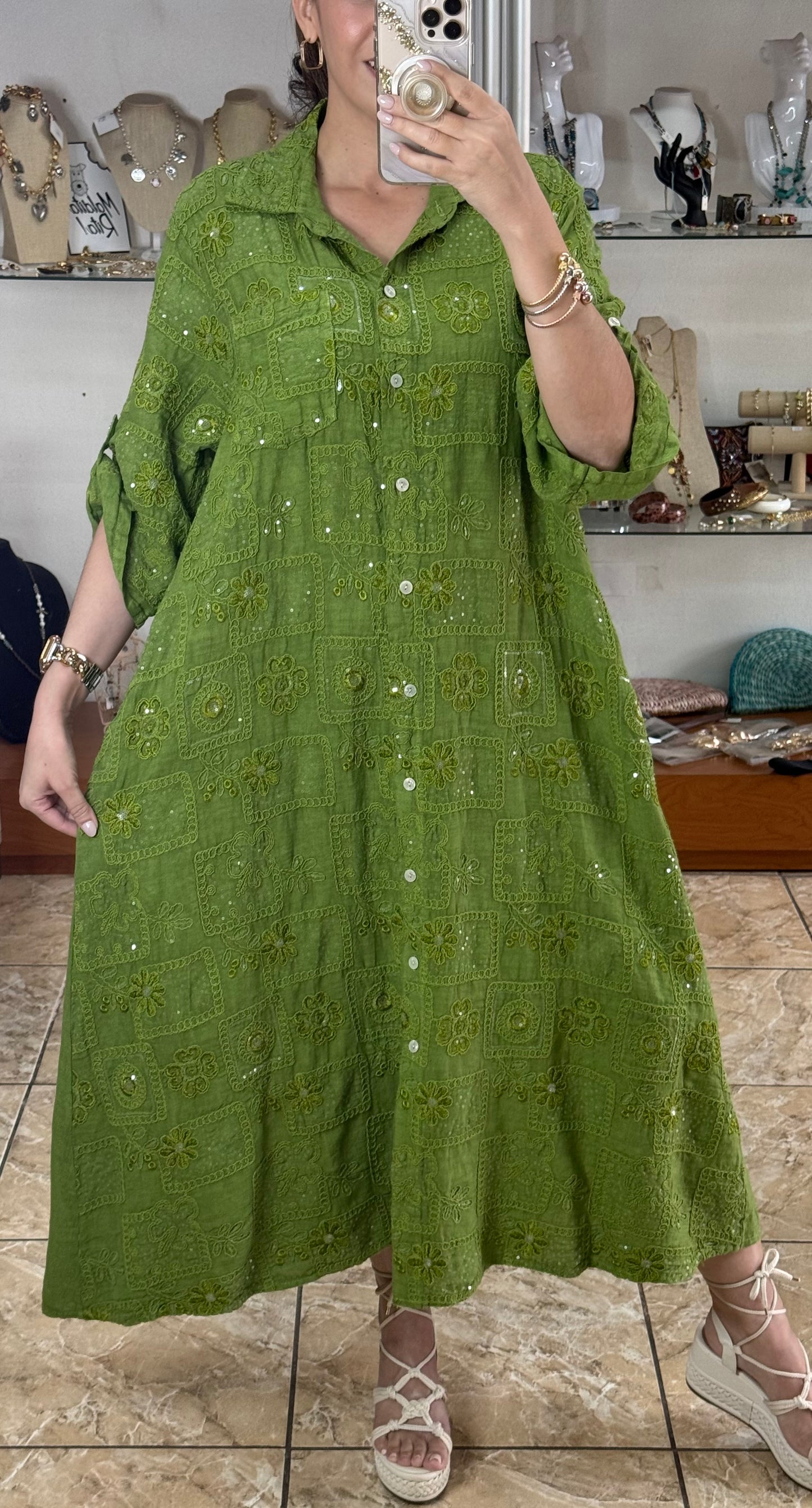 OS Sequins Embroidered Linen Maxi Dress (NO RETURNS OR EXCHANGE)