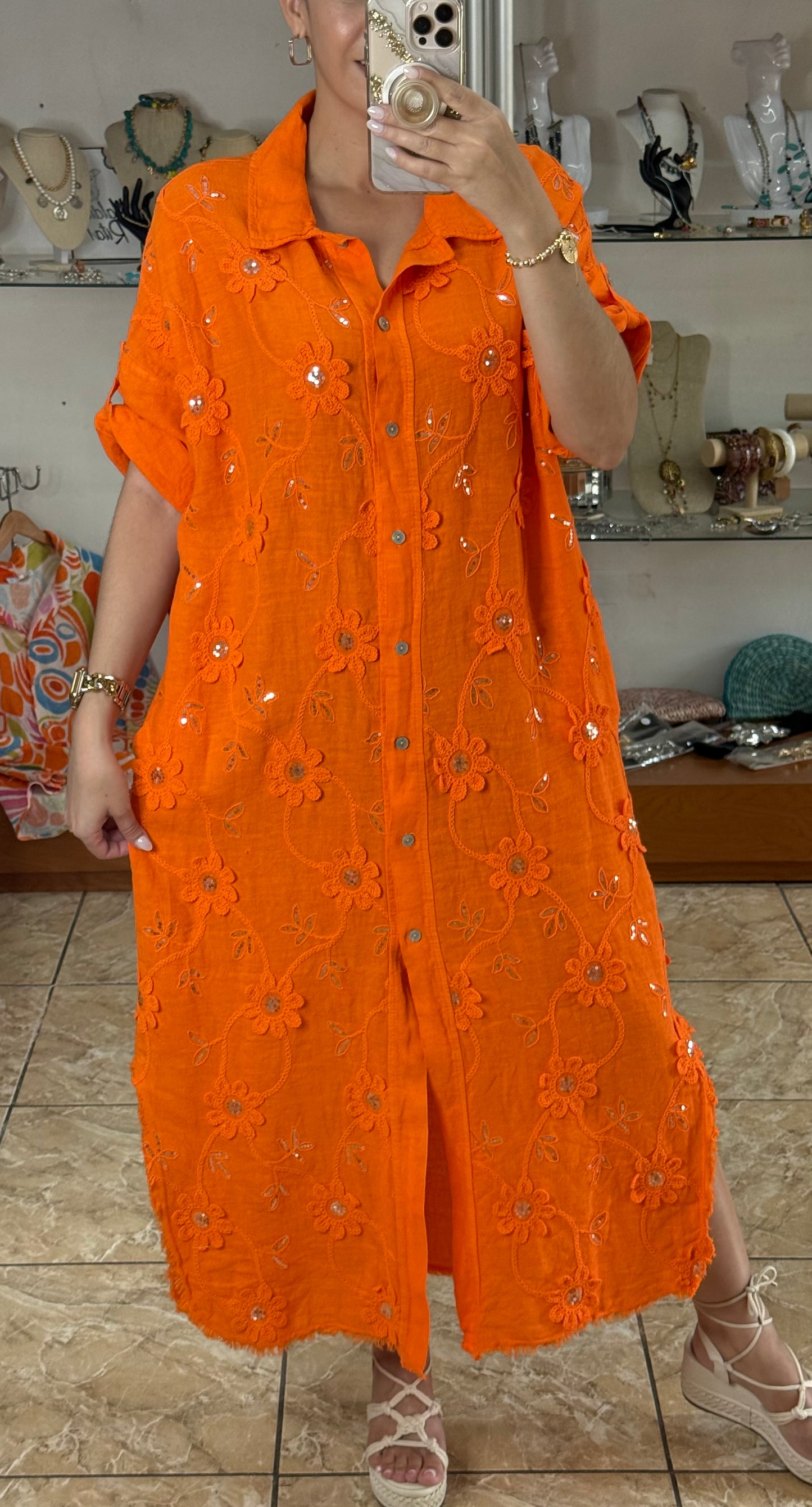 OS Embroidered/Sequins Linen Maxi Dress (NO RETURNS OR EXCHANGE)