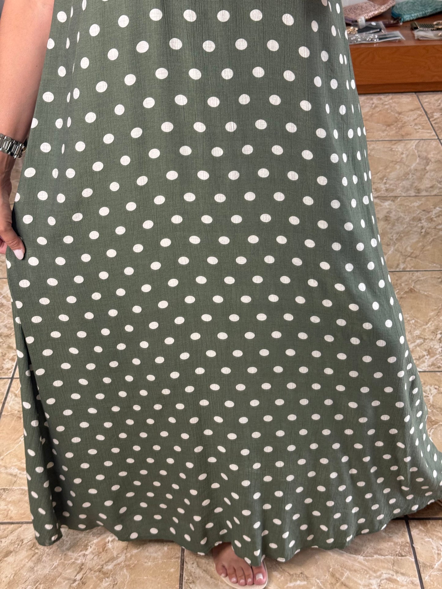 Olive Polkadots Halter Maxi Dress
