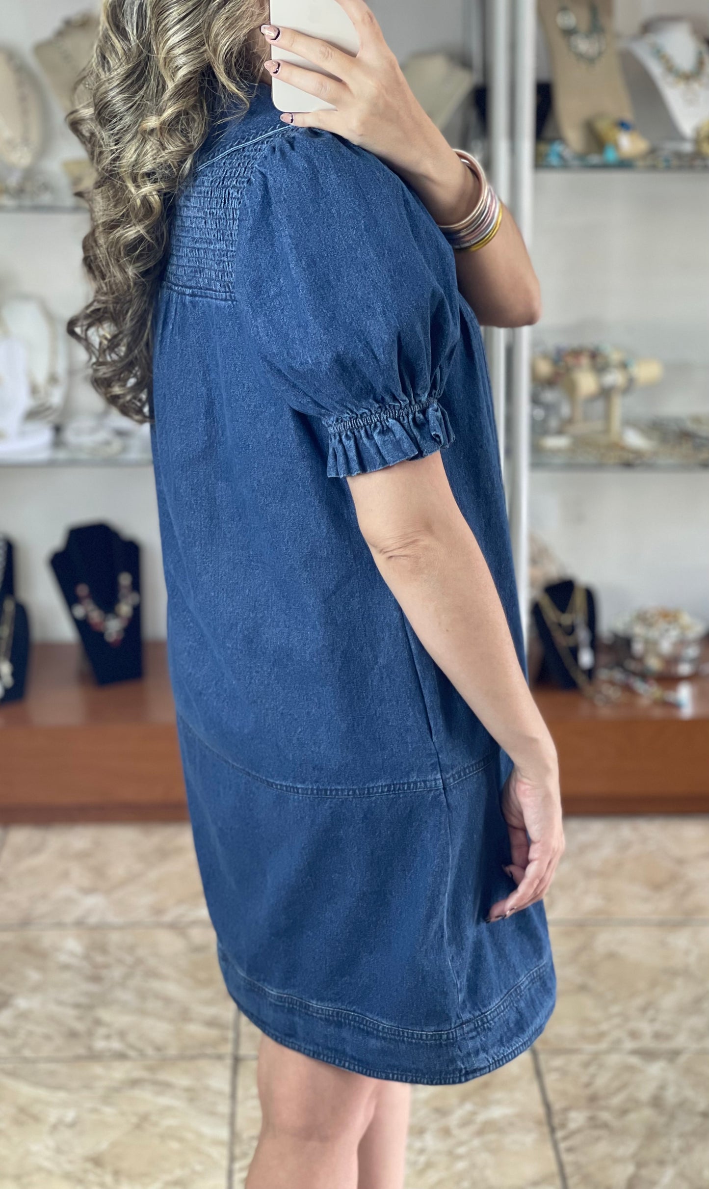 Puff Sleeve Peter Pan Collar Denim Dress