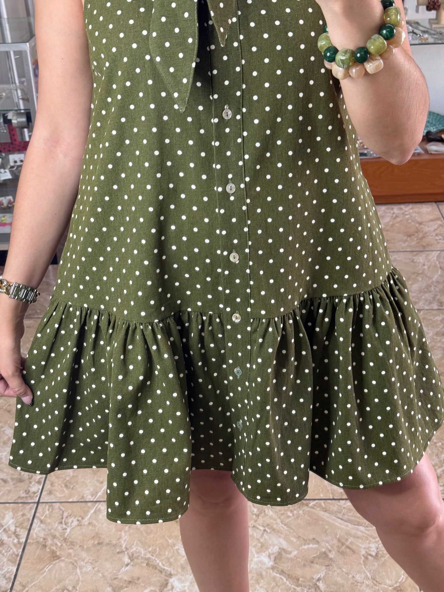 Olive Sleeveless Polkadot Mini Denim Dress