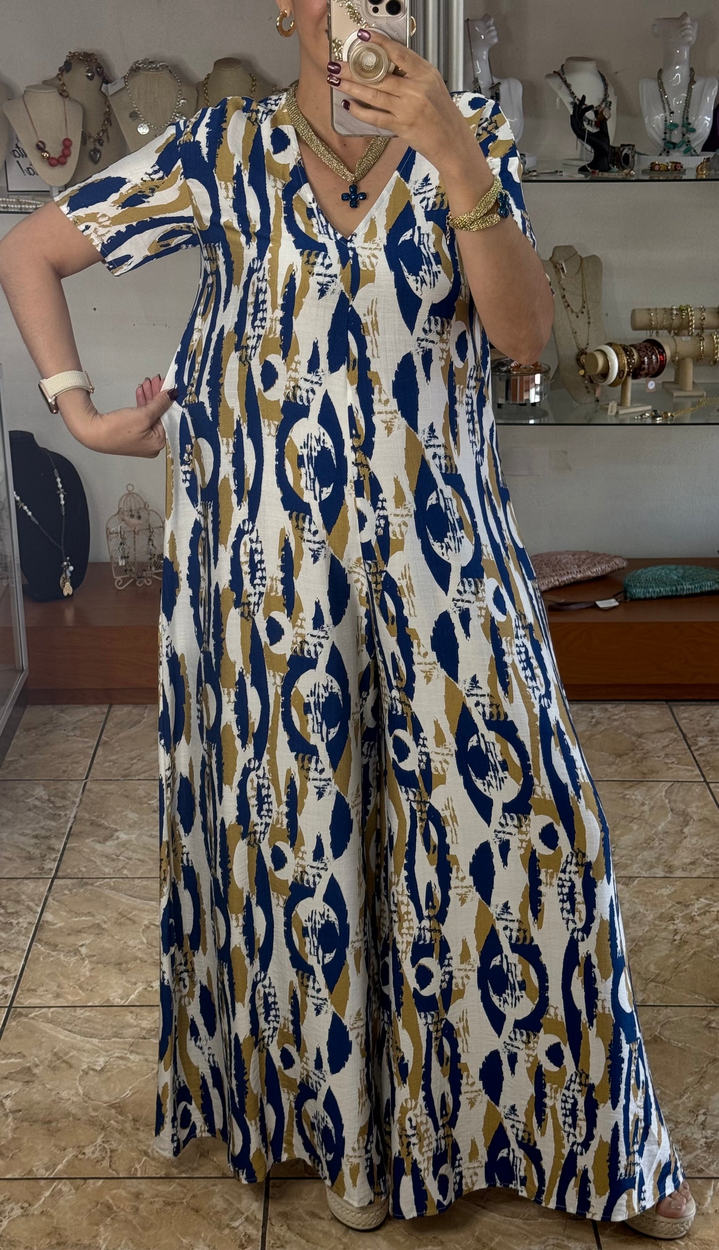 Blue Mix Short Sleeves Boho Jumpsuit