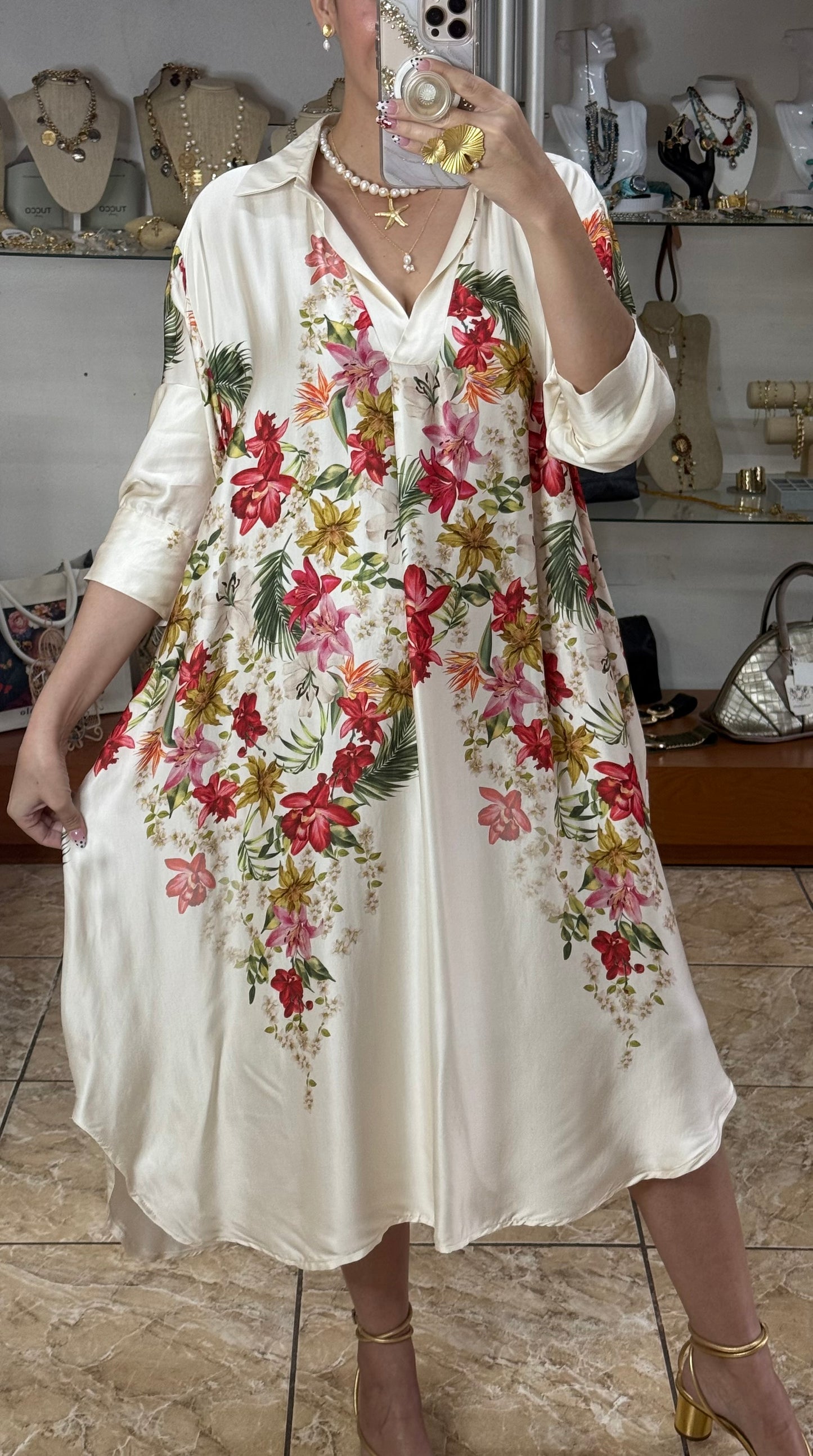 Cream Floral OS Midi Dress (FINAL SALE)