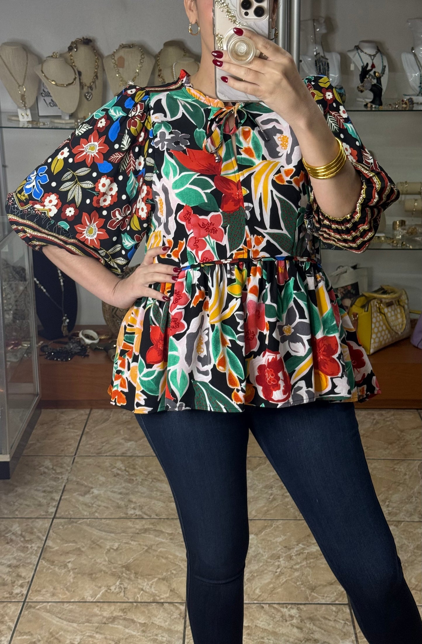 Black/Red Floral Top