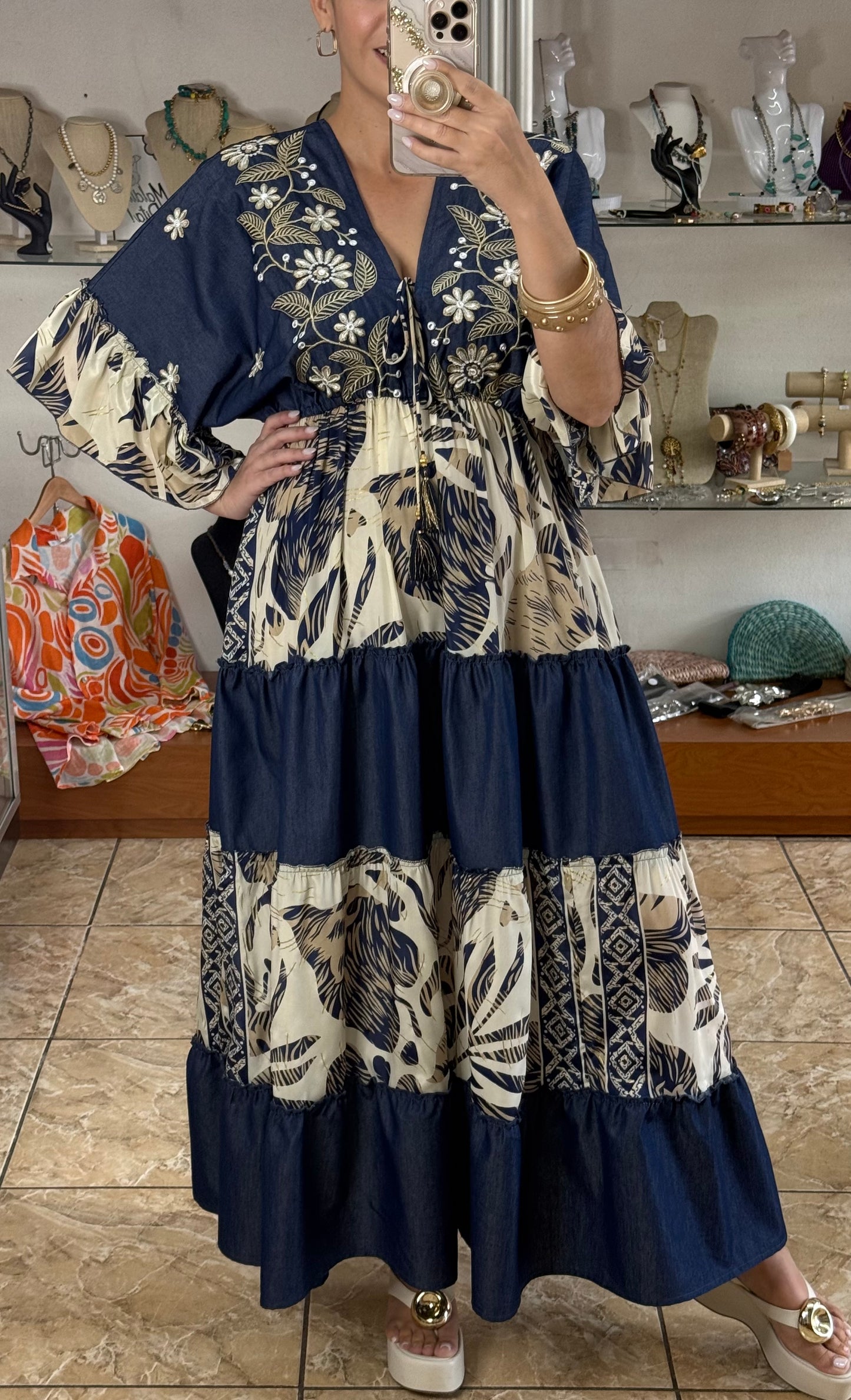 Denim Mix OS Boho Maxi Dress (NO RETURNS OR EXCHANGE)