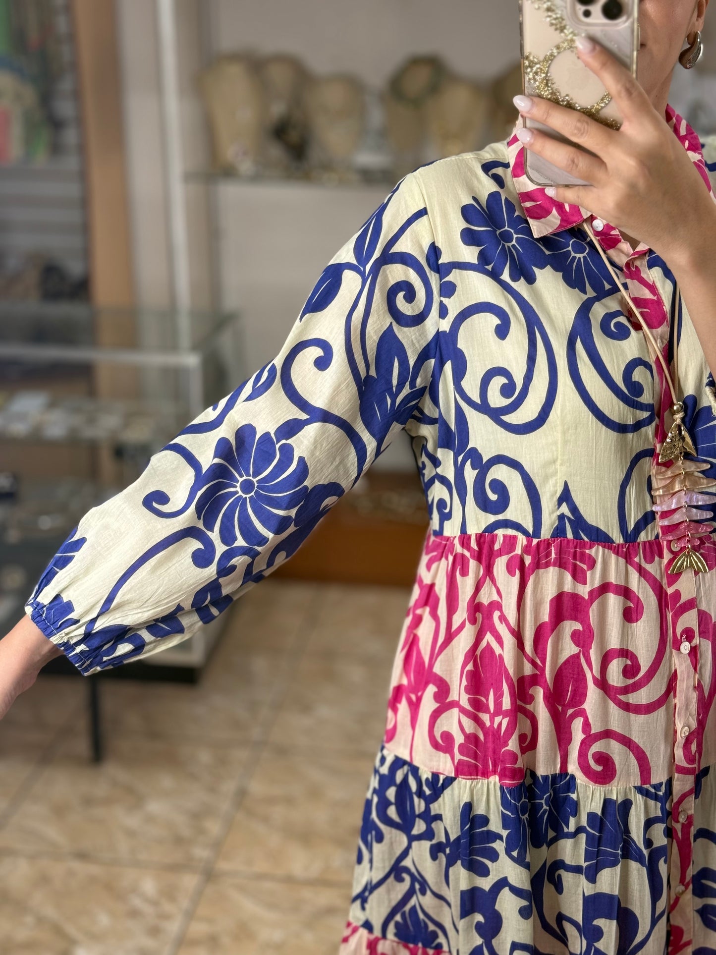 Blue/Pink Mix Button Down Maxi Dress