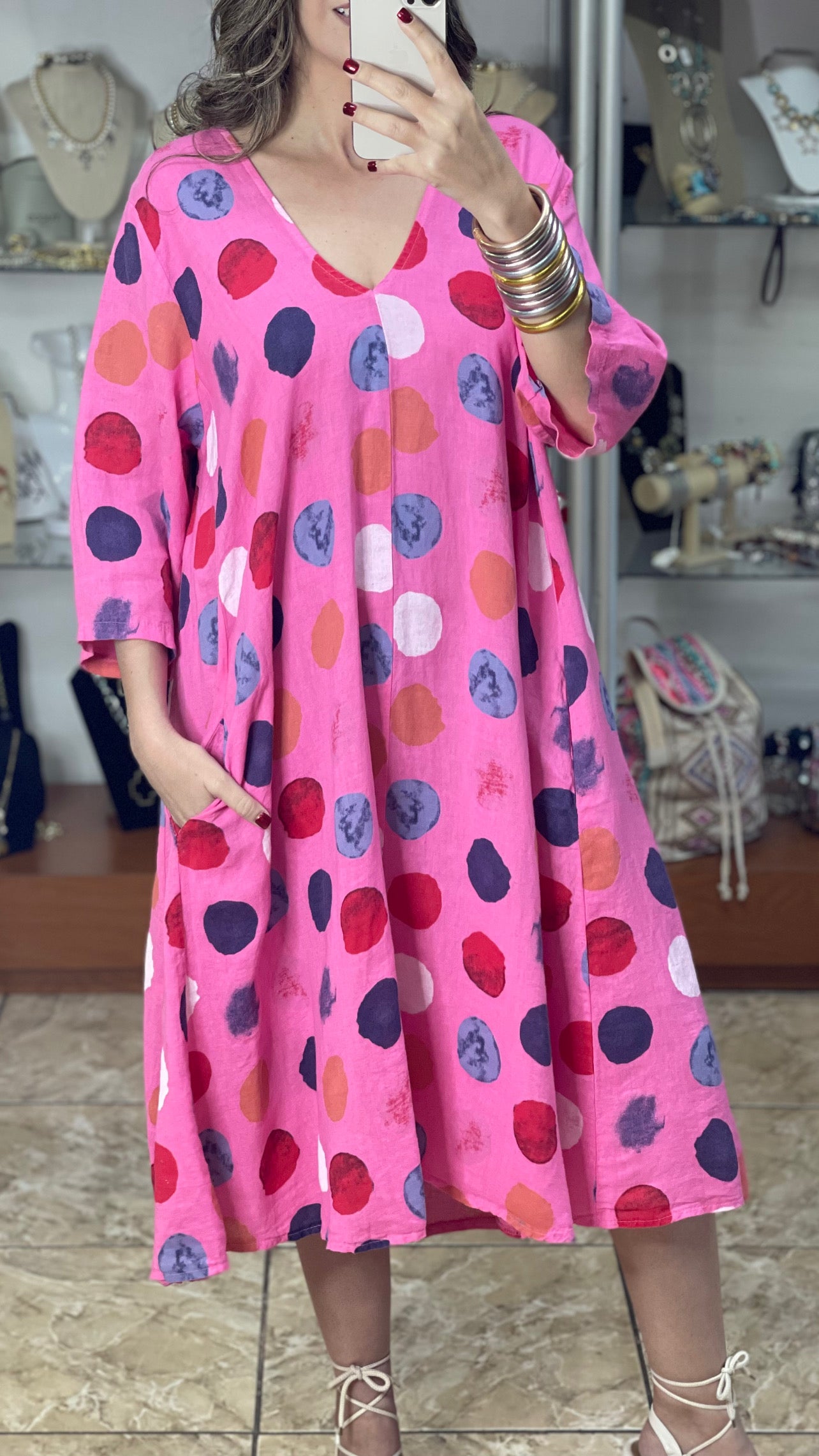 Pink Multi Polka OS Linen Dress