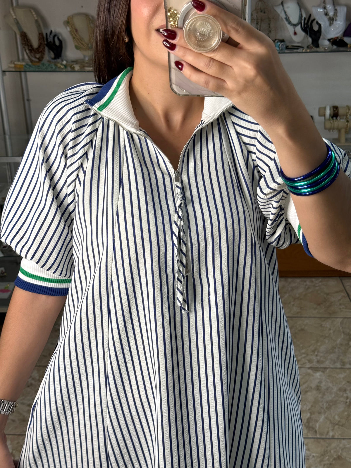 Collared Half-Zip Striped Tunic Dress