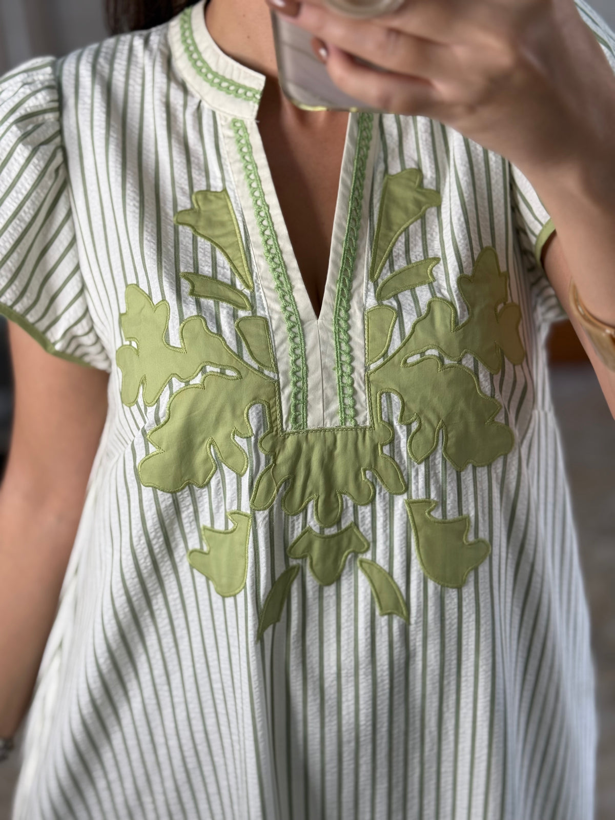 Sage Stripes Embroidered Midi Dress