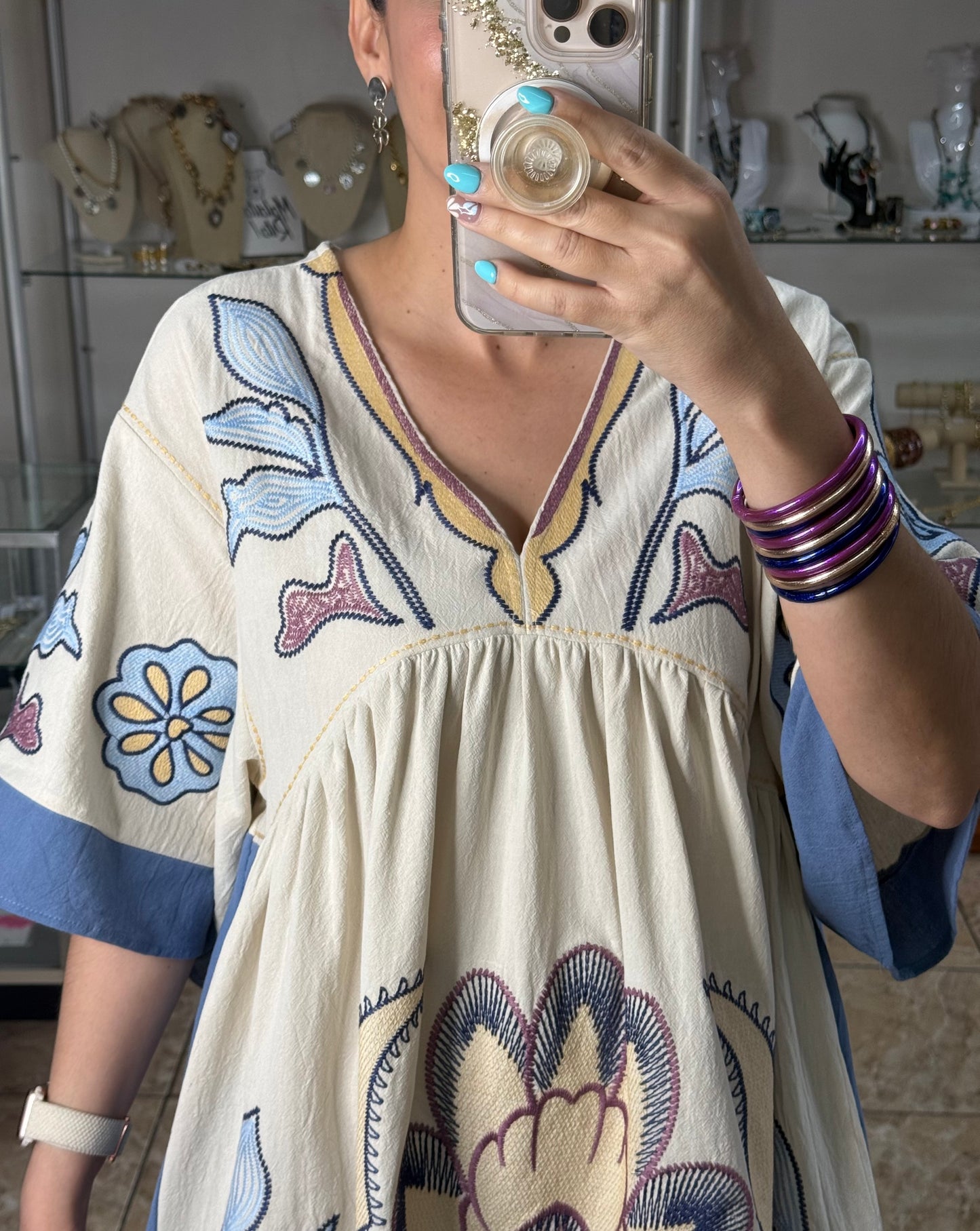 Embroidered Kaftan Mini Dress