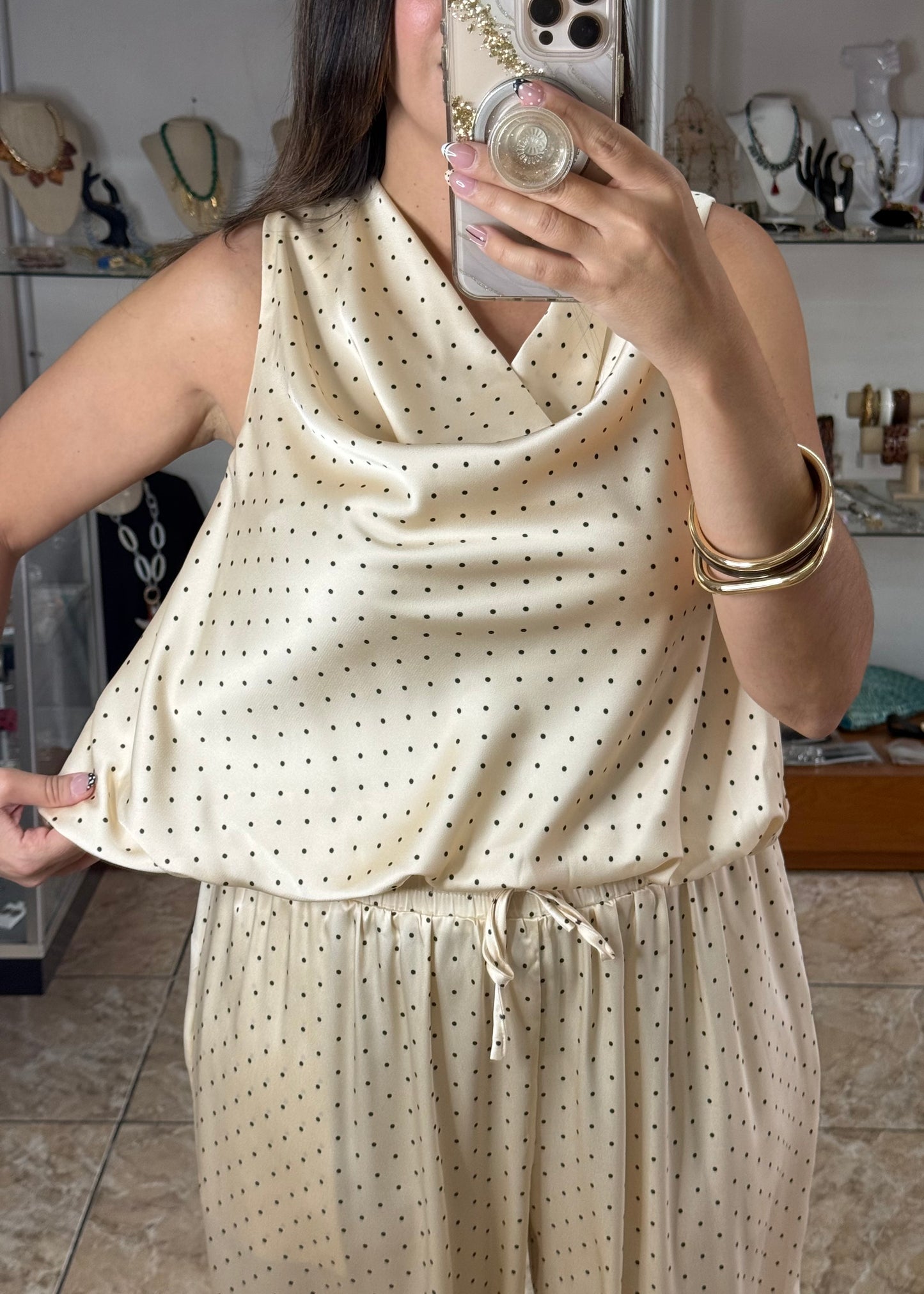 Ecru Polkadot Satin Top & Pant Set