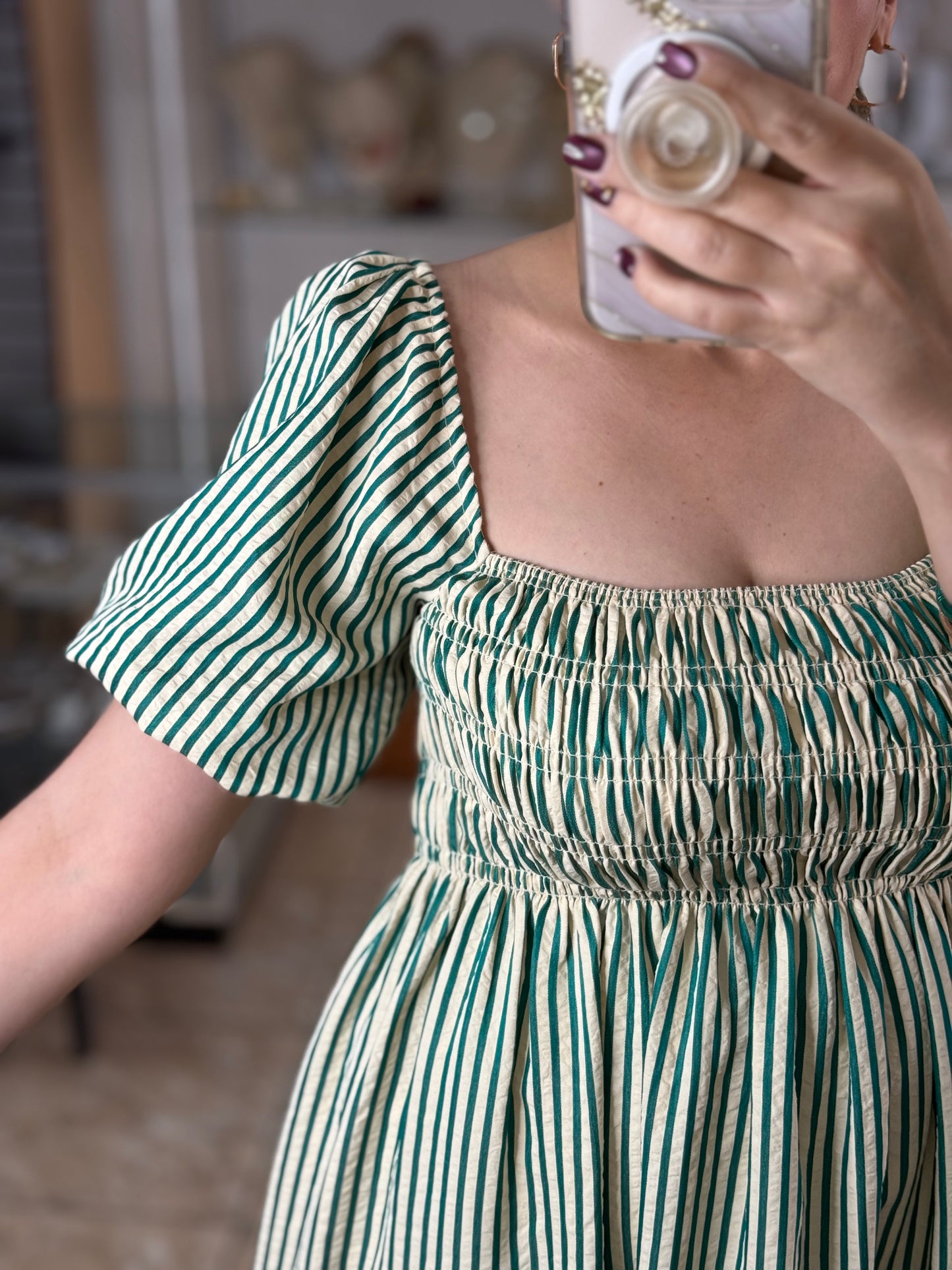 Green Stripes Square Neck Midi Dress