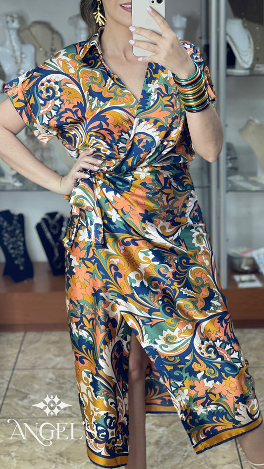 Satin Floral Wrap Midi Dress