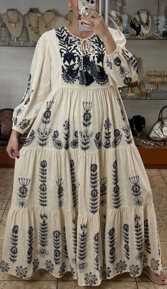 Cream/Navy Embroidered OS Maxi Dress (FINAL SALE)