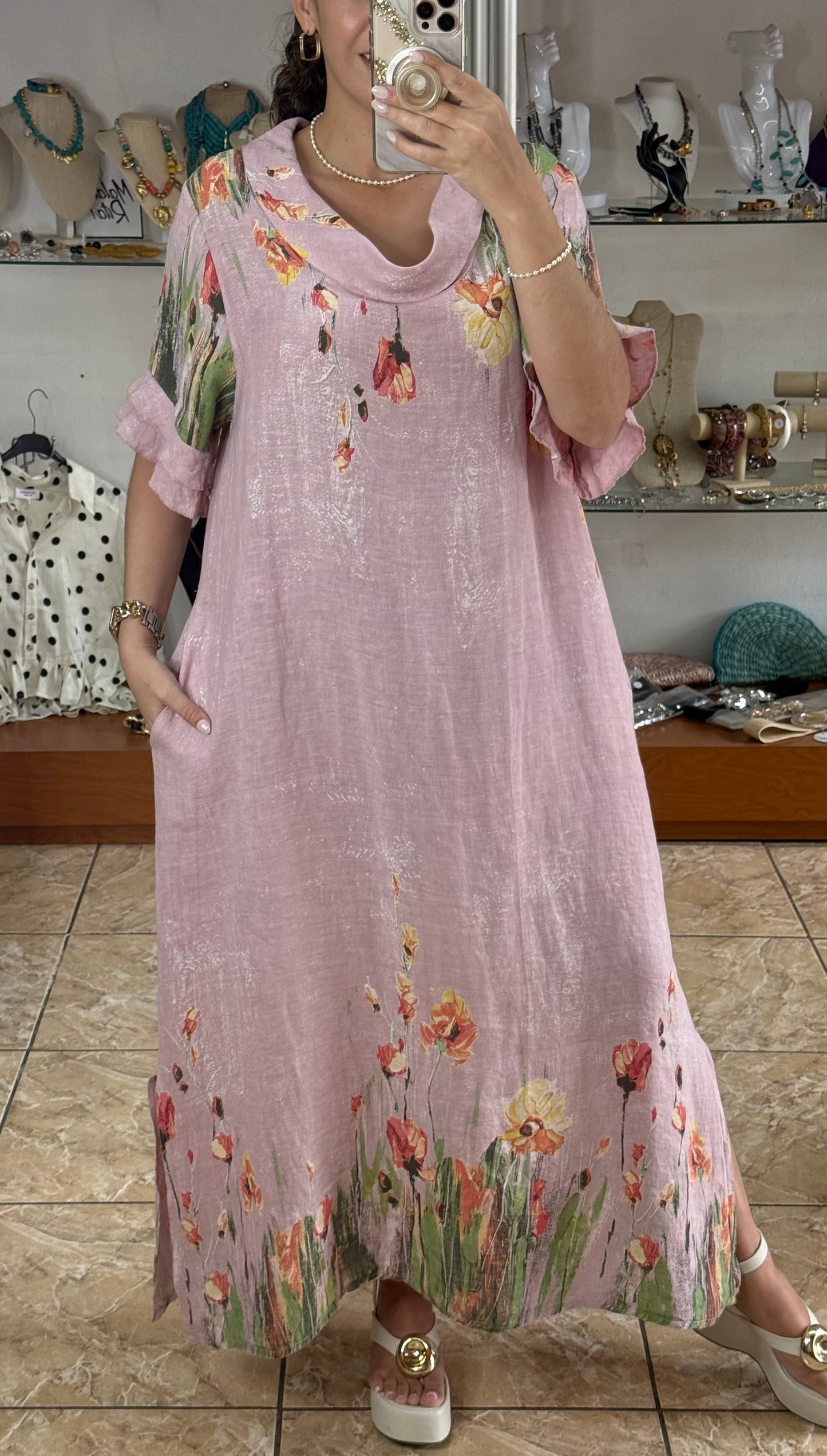 Orange Flowers OS Linen Maxi Dress (NO RETURNS OR EXCHANGE)