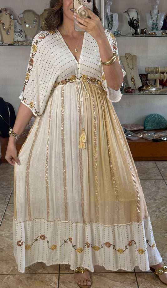 Sequins Floral Embroidered OS Boho Maxi Dress (NO RETURNS OR EXCHANGE)