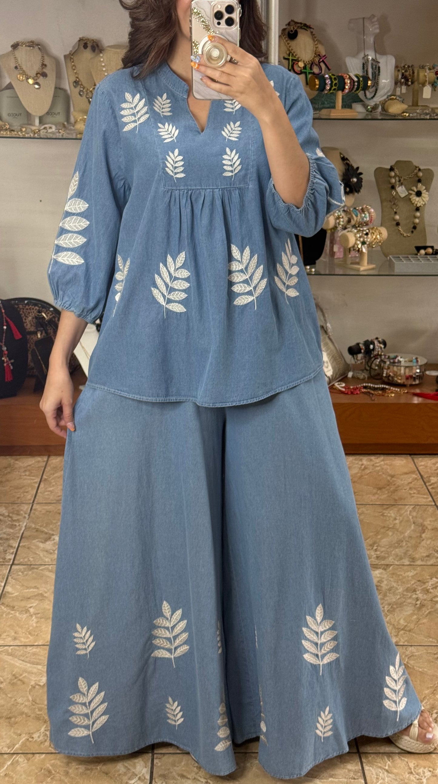 Embroidered Denim OS Top and Pant Set (FINAL SALE)