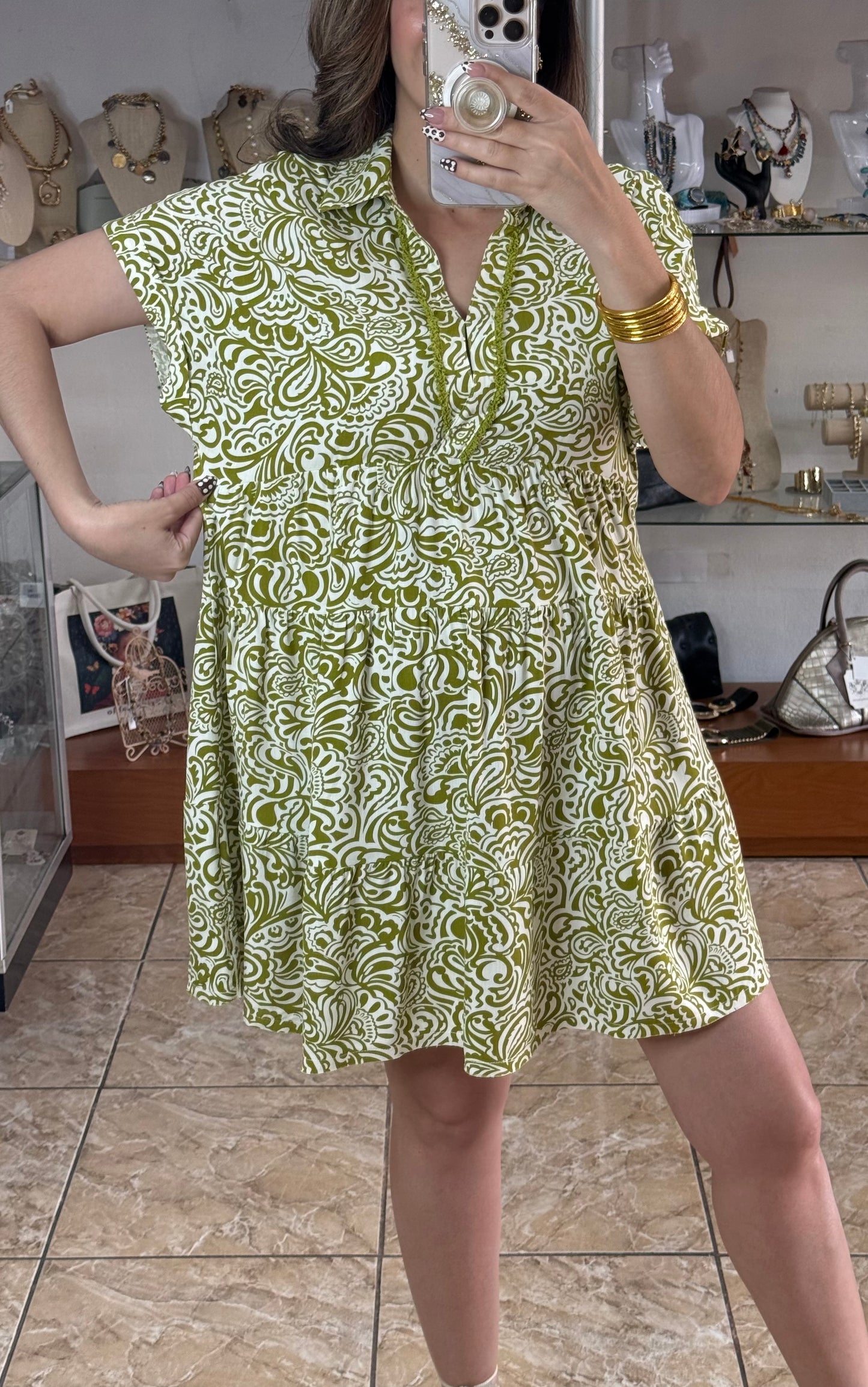 Avocado Green Printed Mini Dress