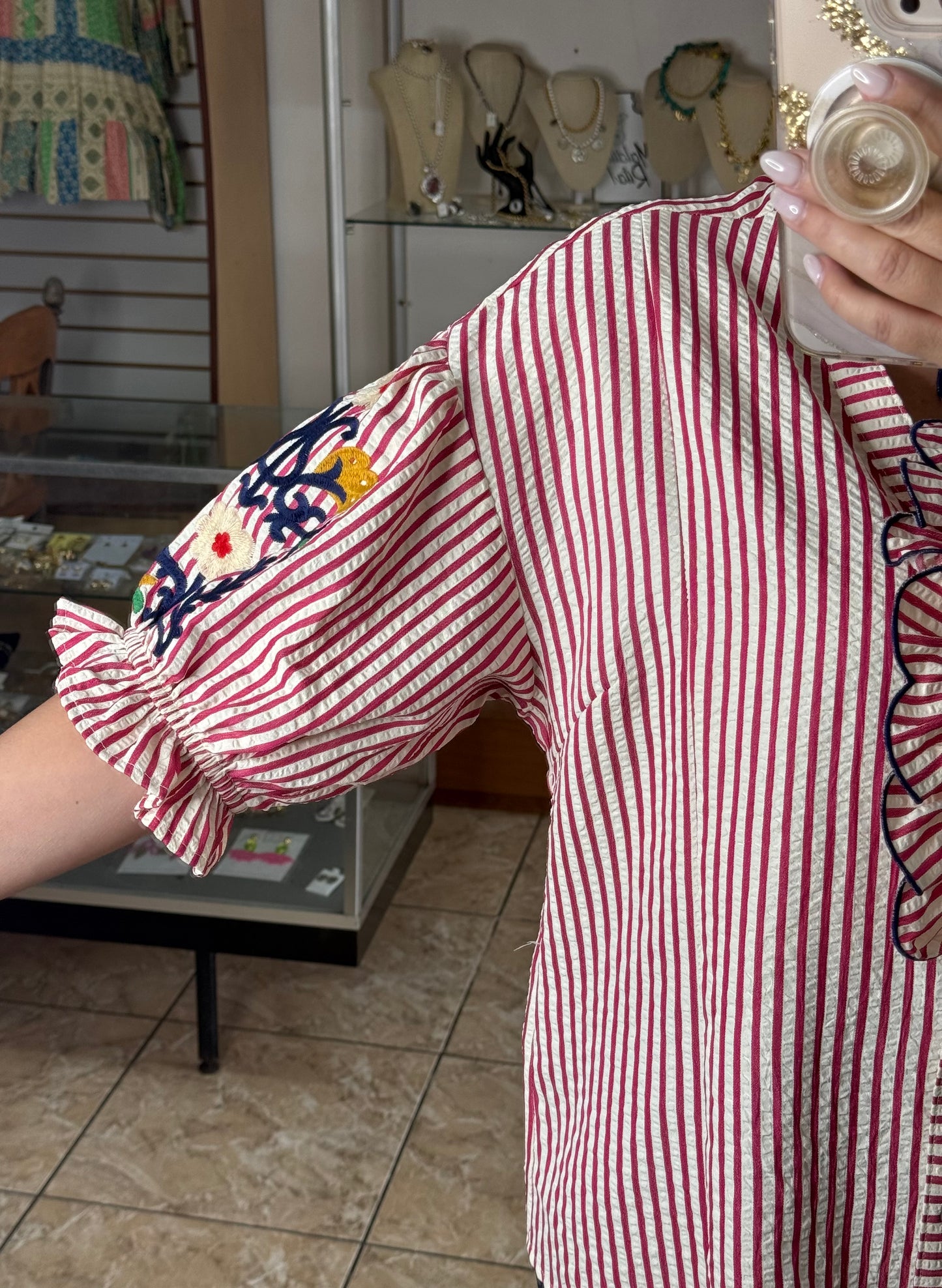 Raspberry Stripes Embroidered Sleeves Top