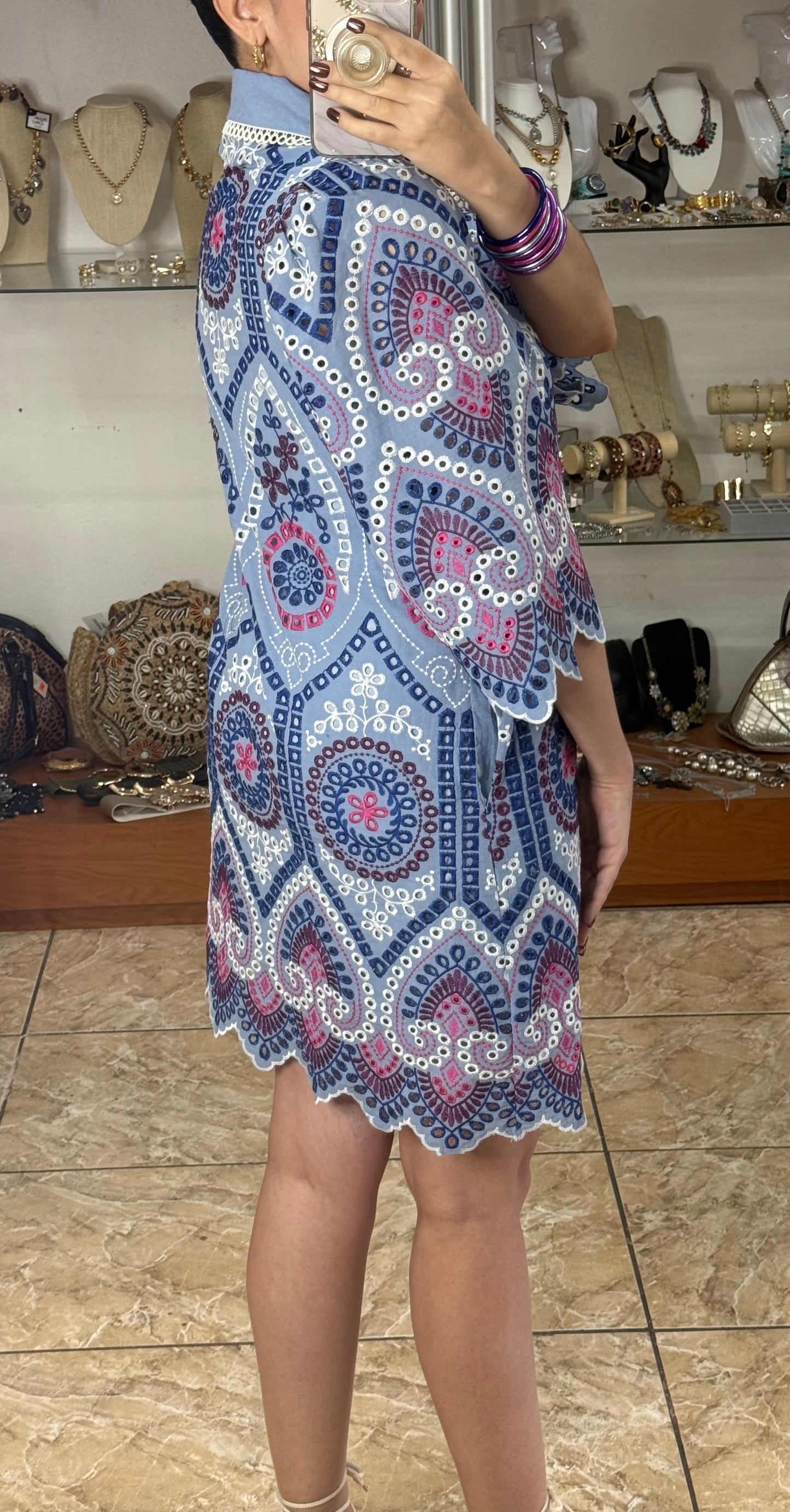 Blue Mix Embroidered Mini Dress
