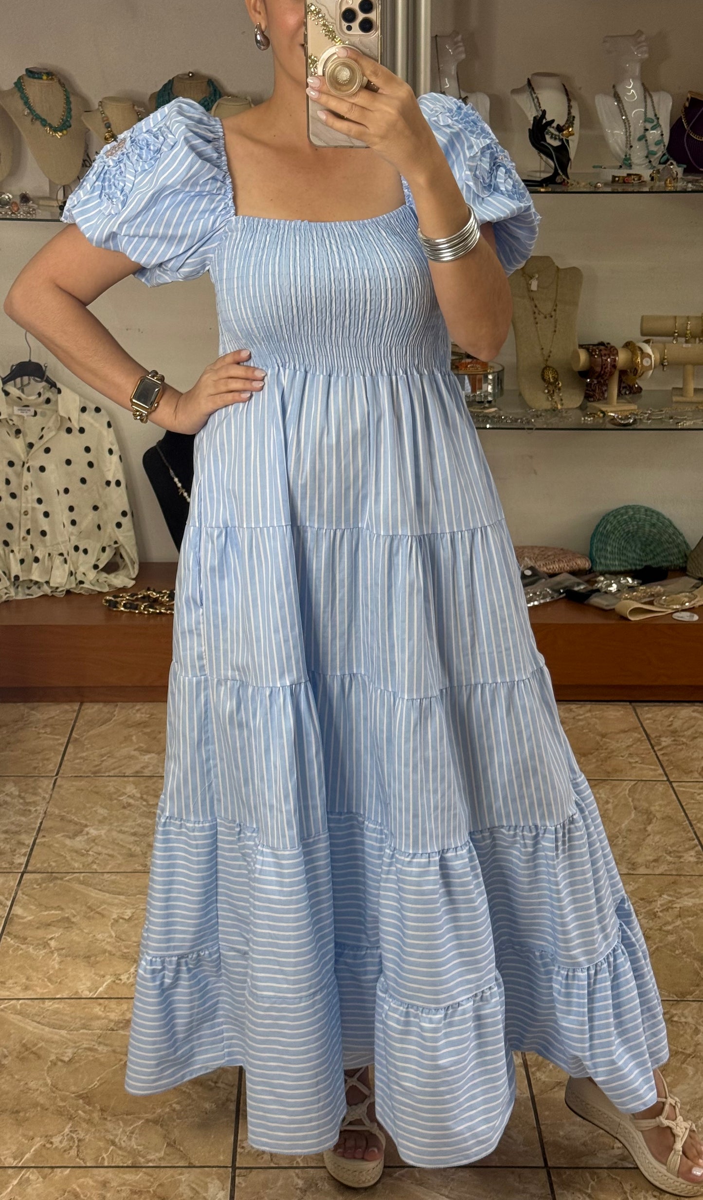 Puff Sleeves Striped OS Maxi Dress (NO RETURNS OR EXCHANGE)