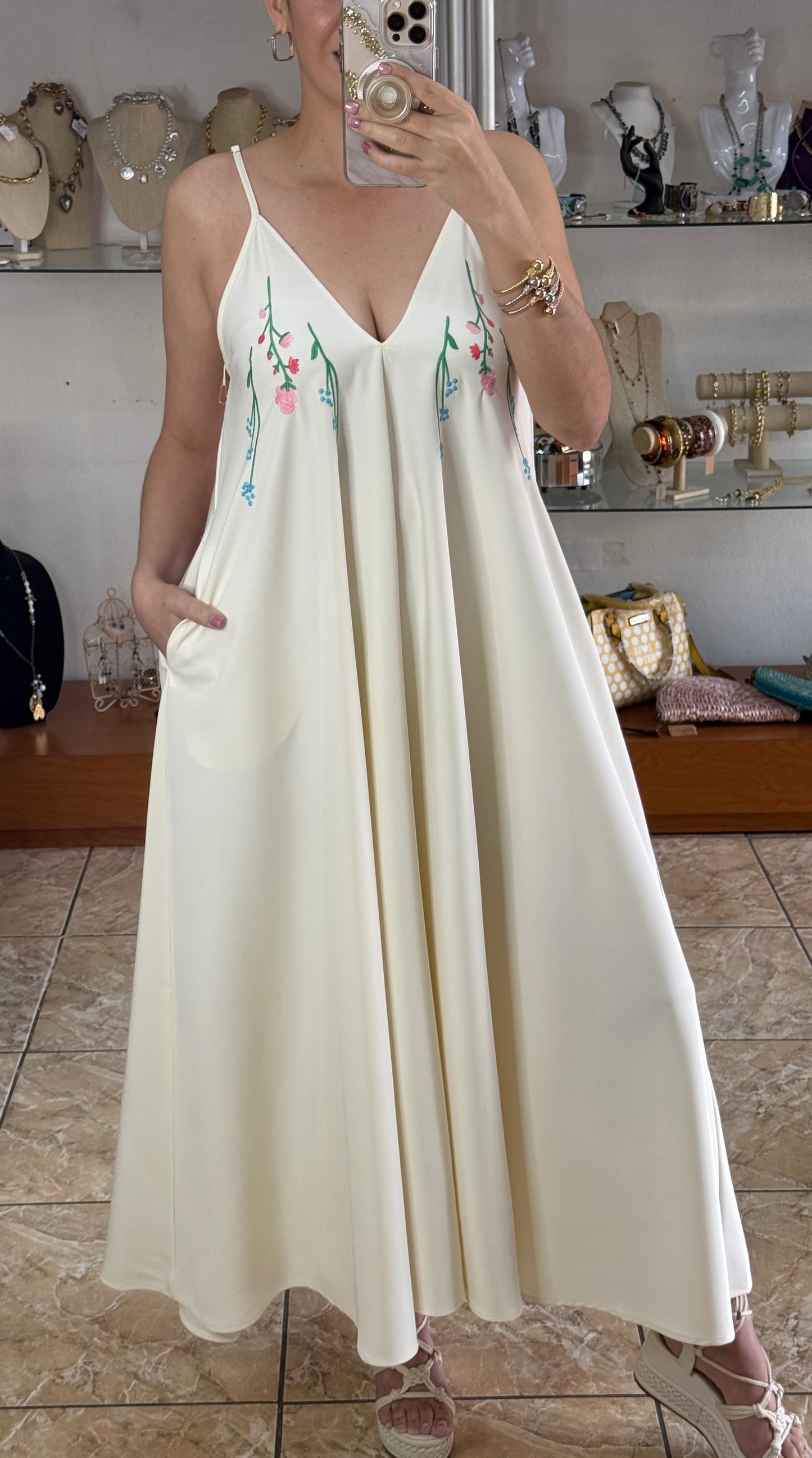 Cream Maxi Floral Embroidered Dress