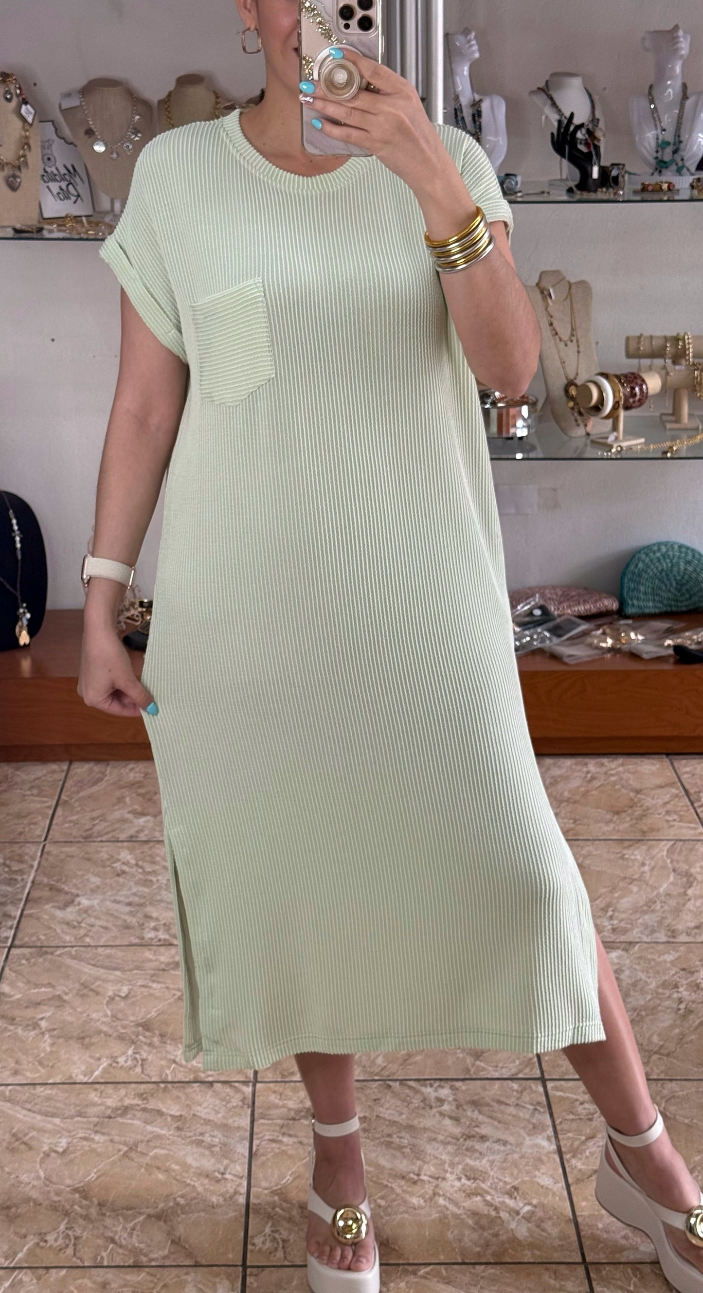 Light Olive Short Sleeve Midi Dress