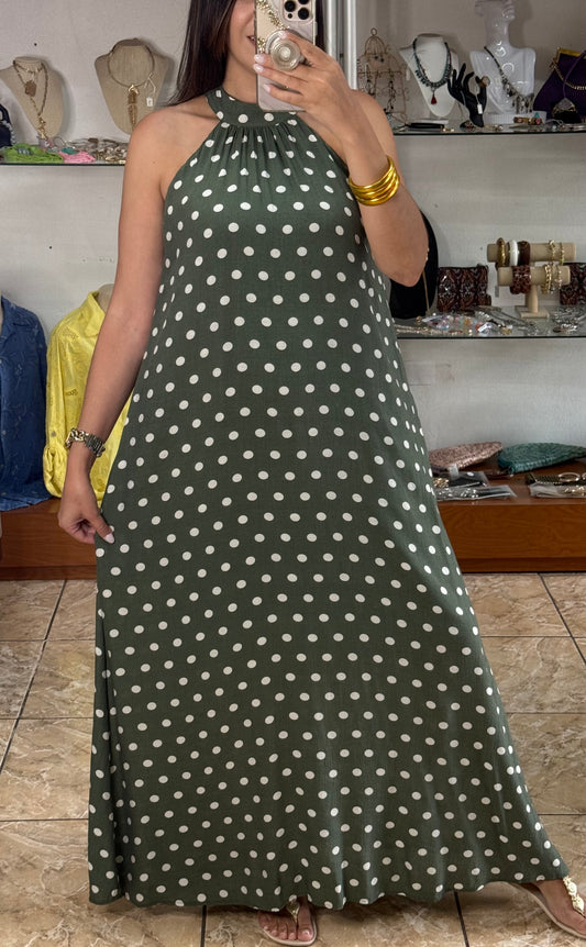 Olive Polkadots Halter Maxi Dress