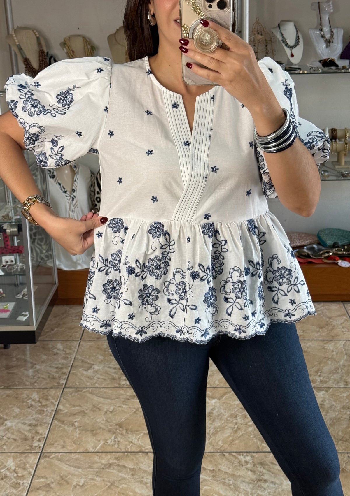 Puff Sleeve Peplum Embroidered Top