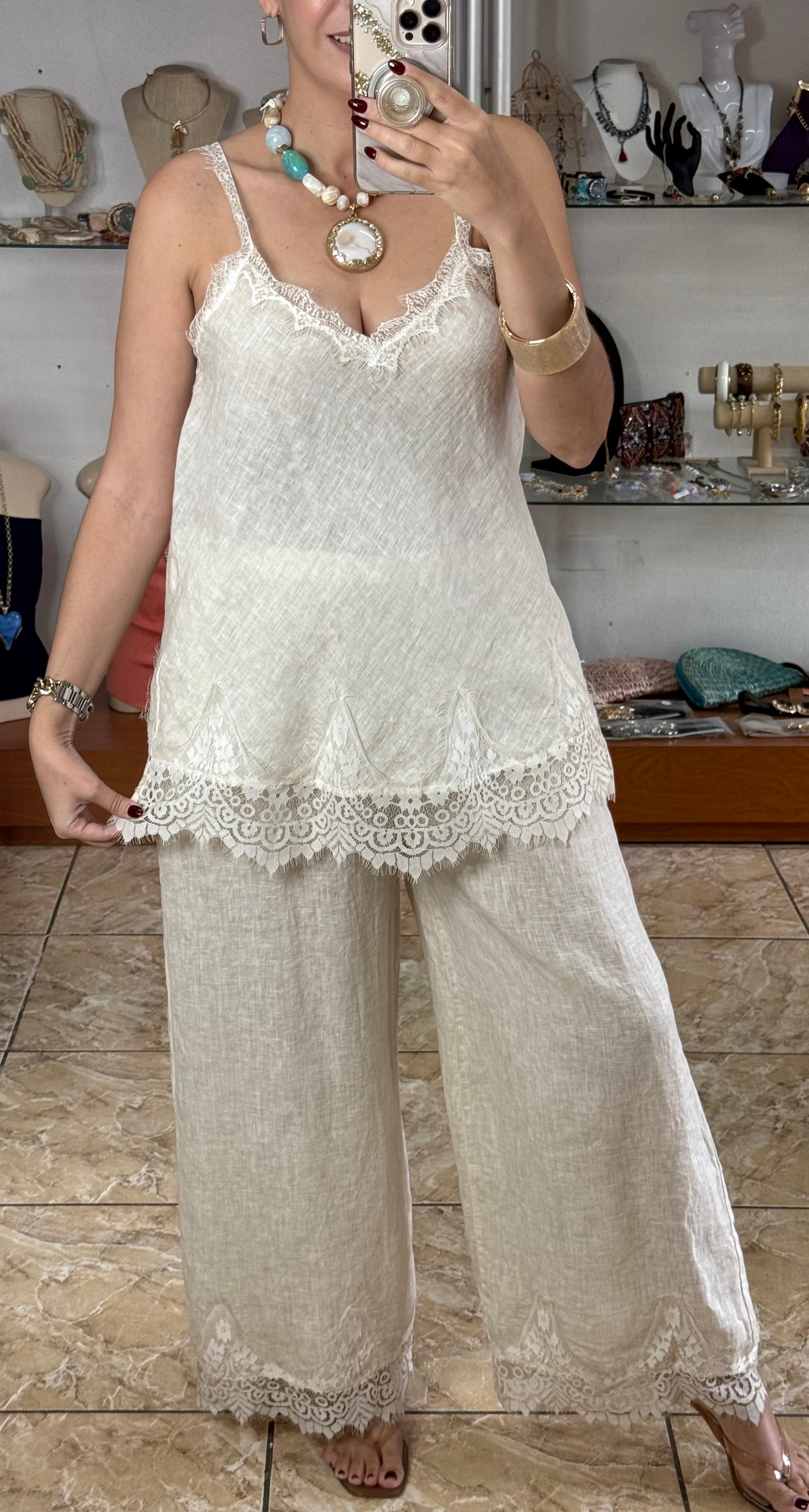 Linen/Lace Top & Pant OS Set (NO RETURNS OR EXCHANGE)