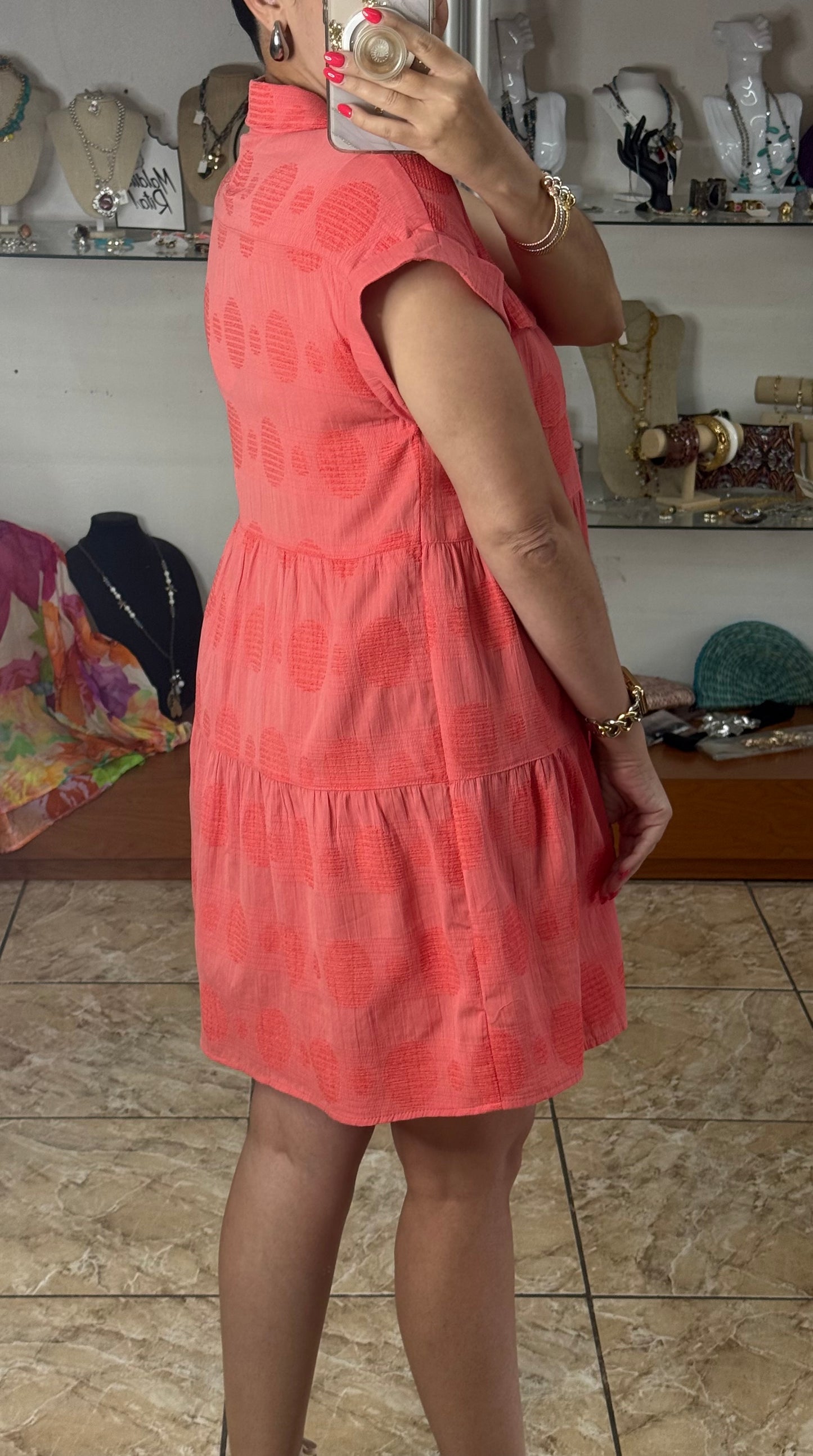 Coral Dobby Dot Jacquard Mini Dress