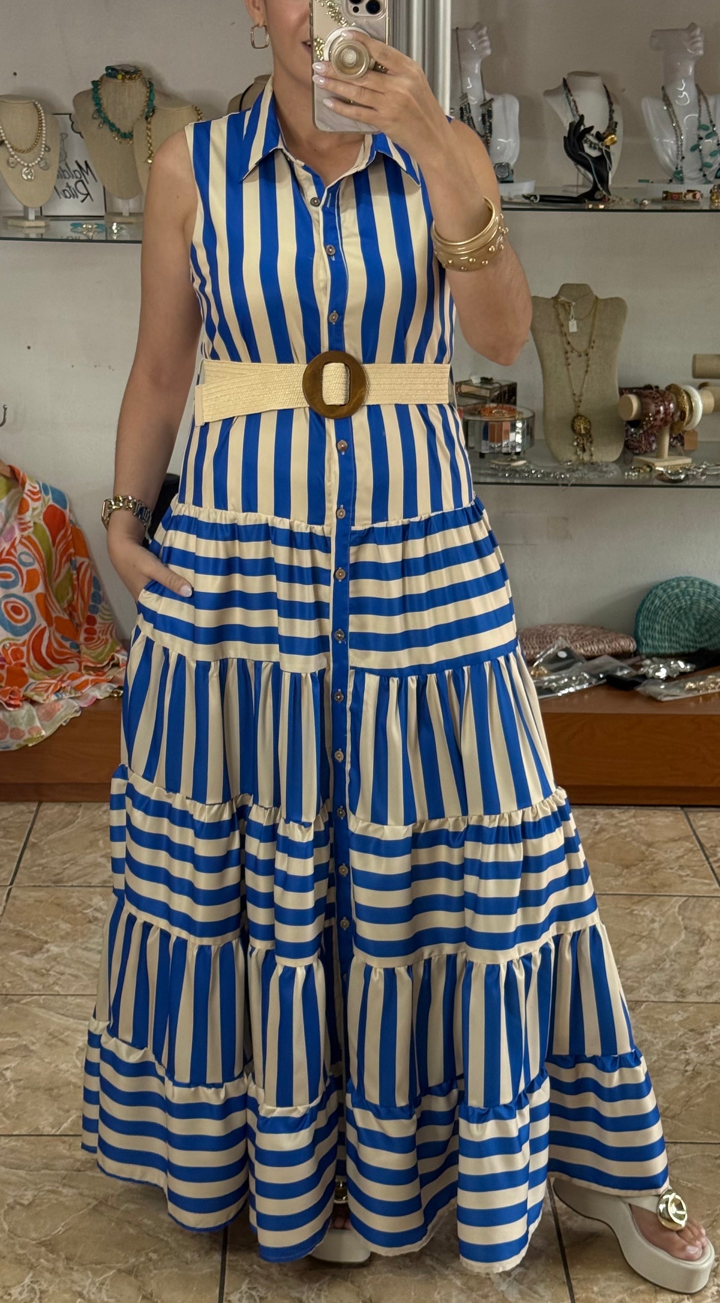 Blue Stripes Belted Maxi Dress