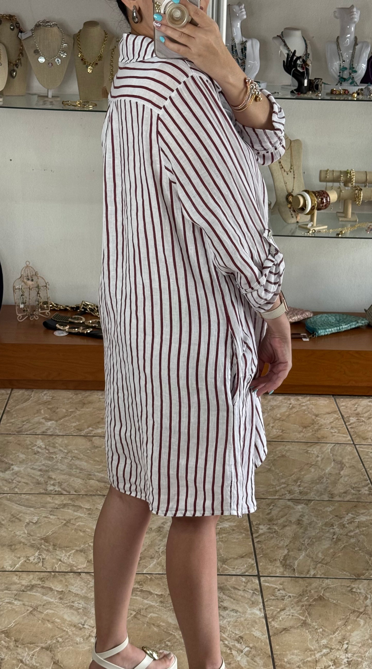 White/Wine OS Stripes Linen Dress (FINAL SALE)