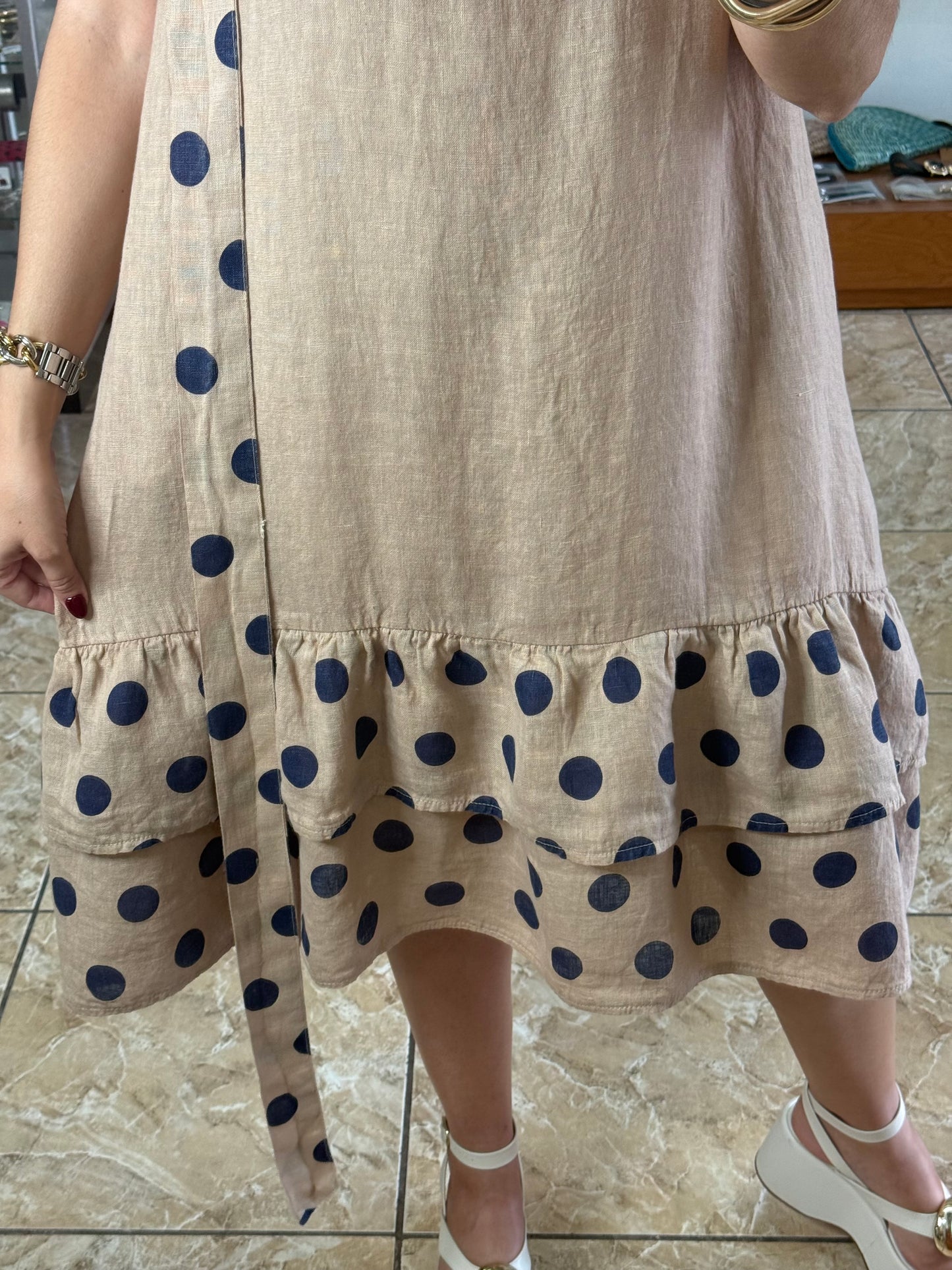 Navy Polkadots OS Linen Short Dress (NO RETURNS OR EXCHANGE)