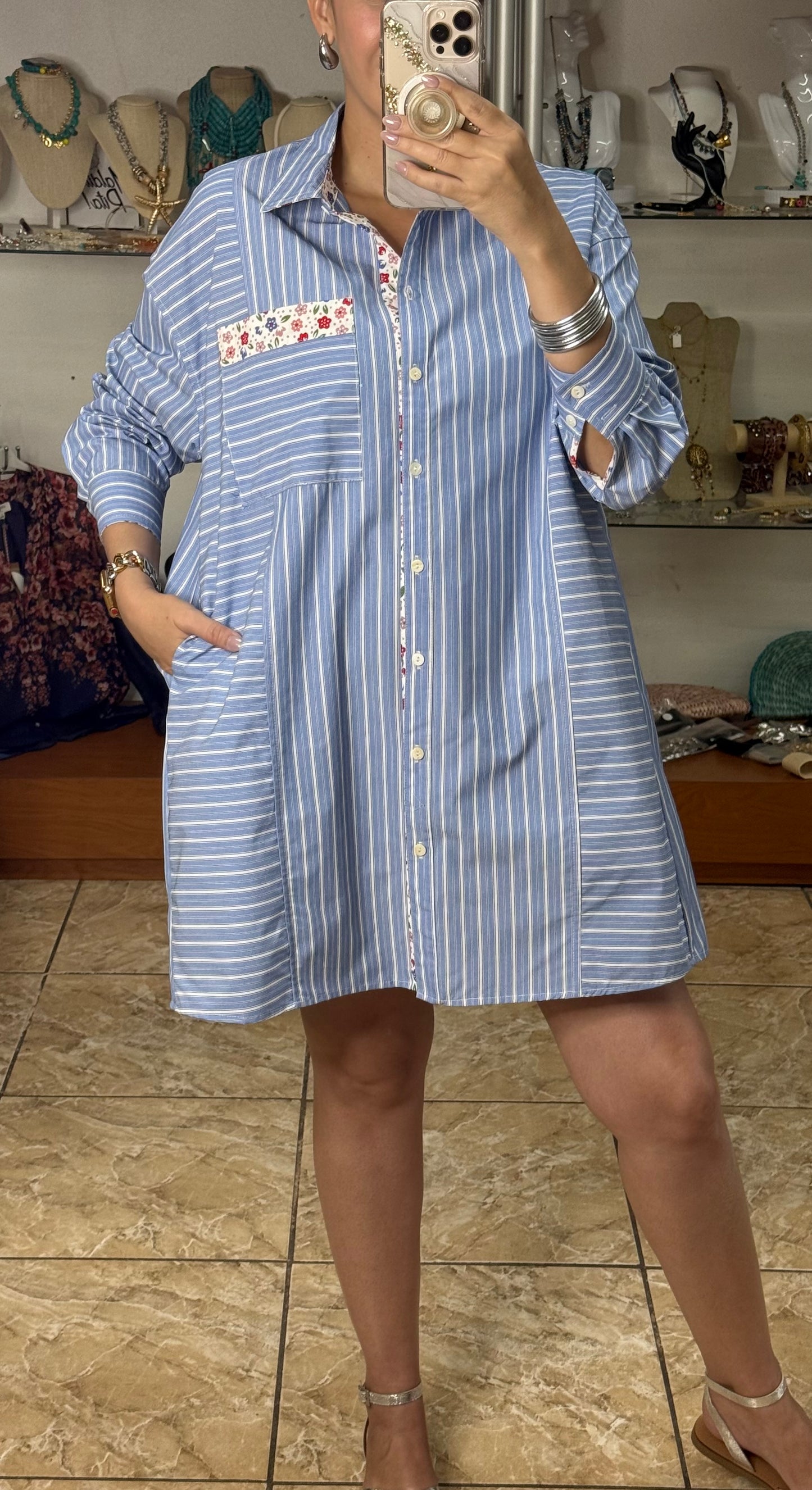 Stripes and Flowers Button Down Shirt Dress