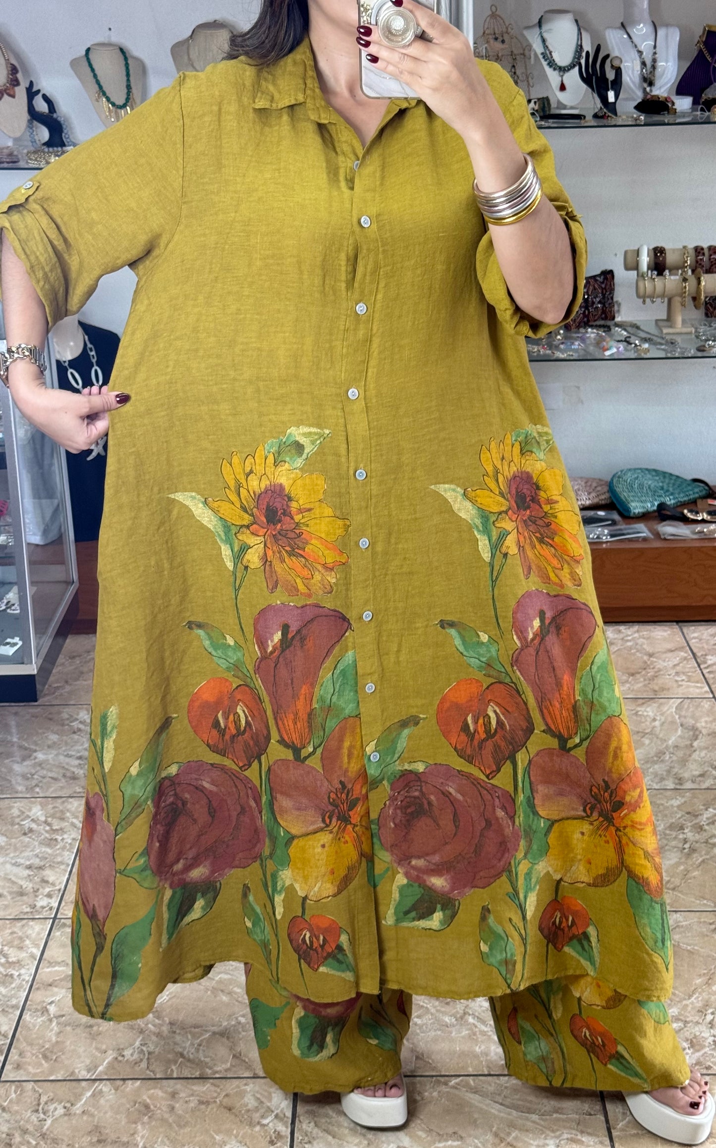 OS Shirt Dress & Pant Floral Linen Set (NO RETURNS OR EXCHANGE)