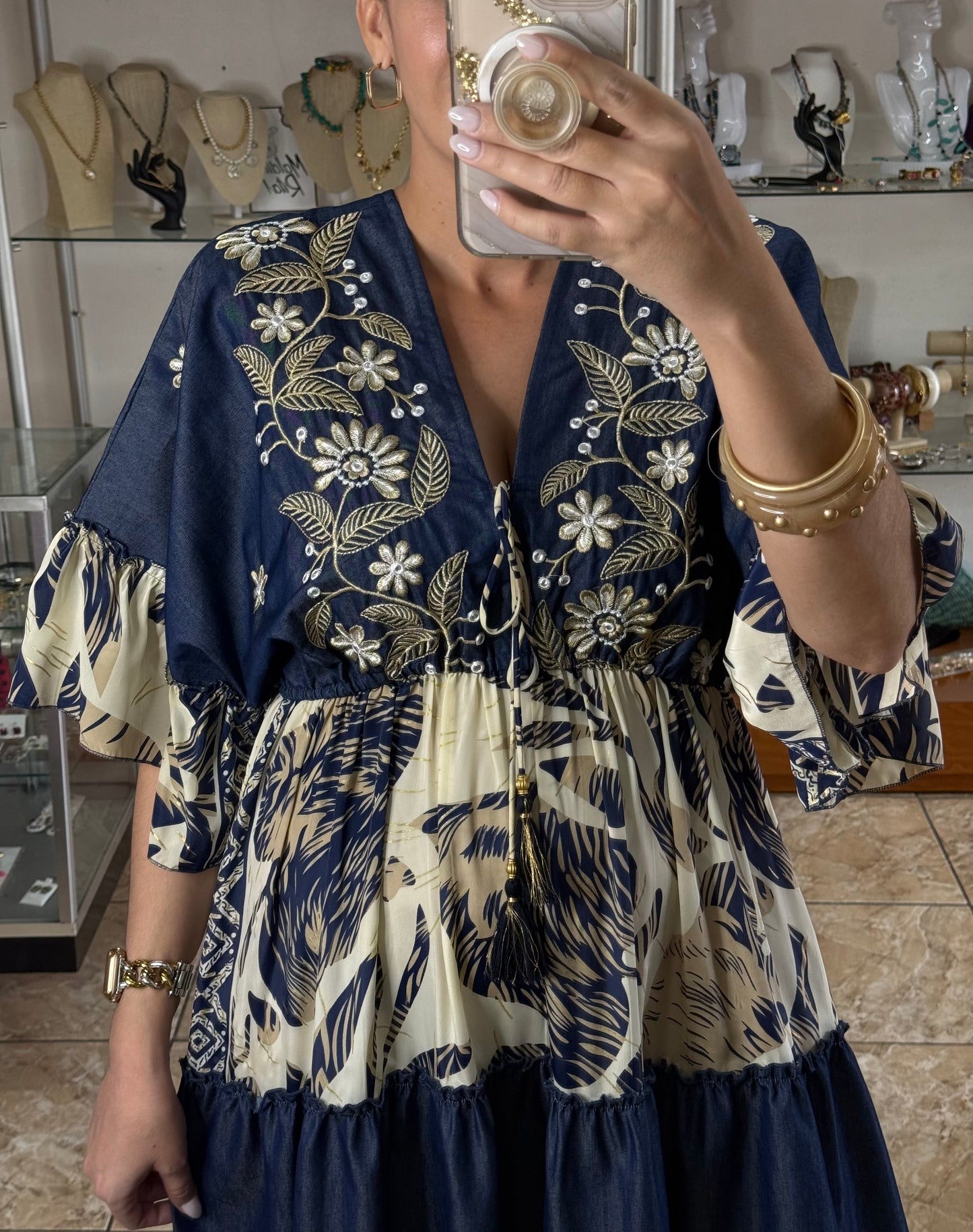 Denim Mix OS Boho Maxi Dress (NO RETURNS OR EXCHANGE)