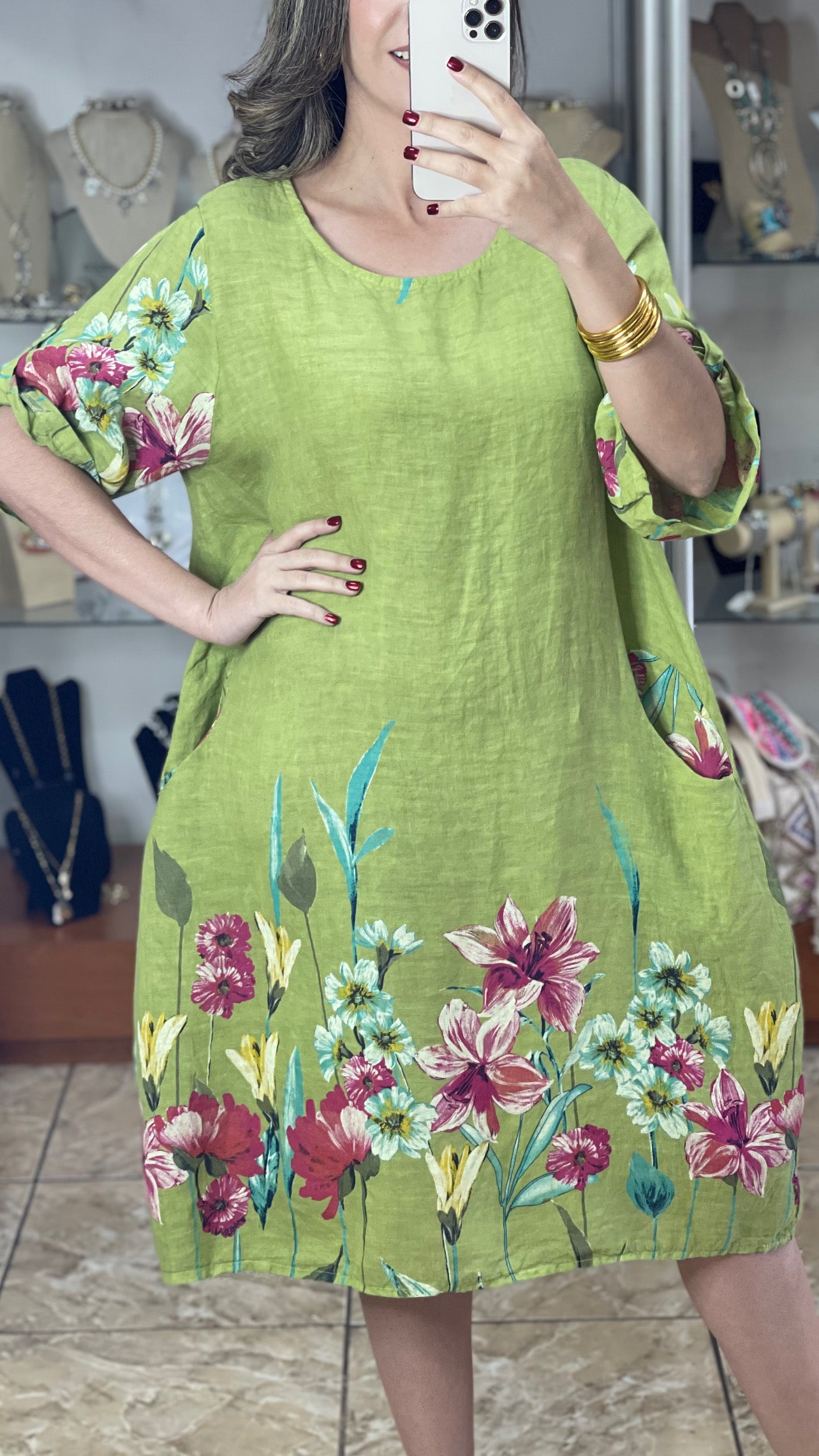 Green Floral OS Linen Midi Dress