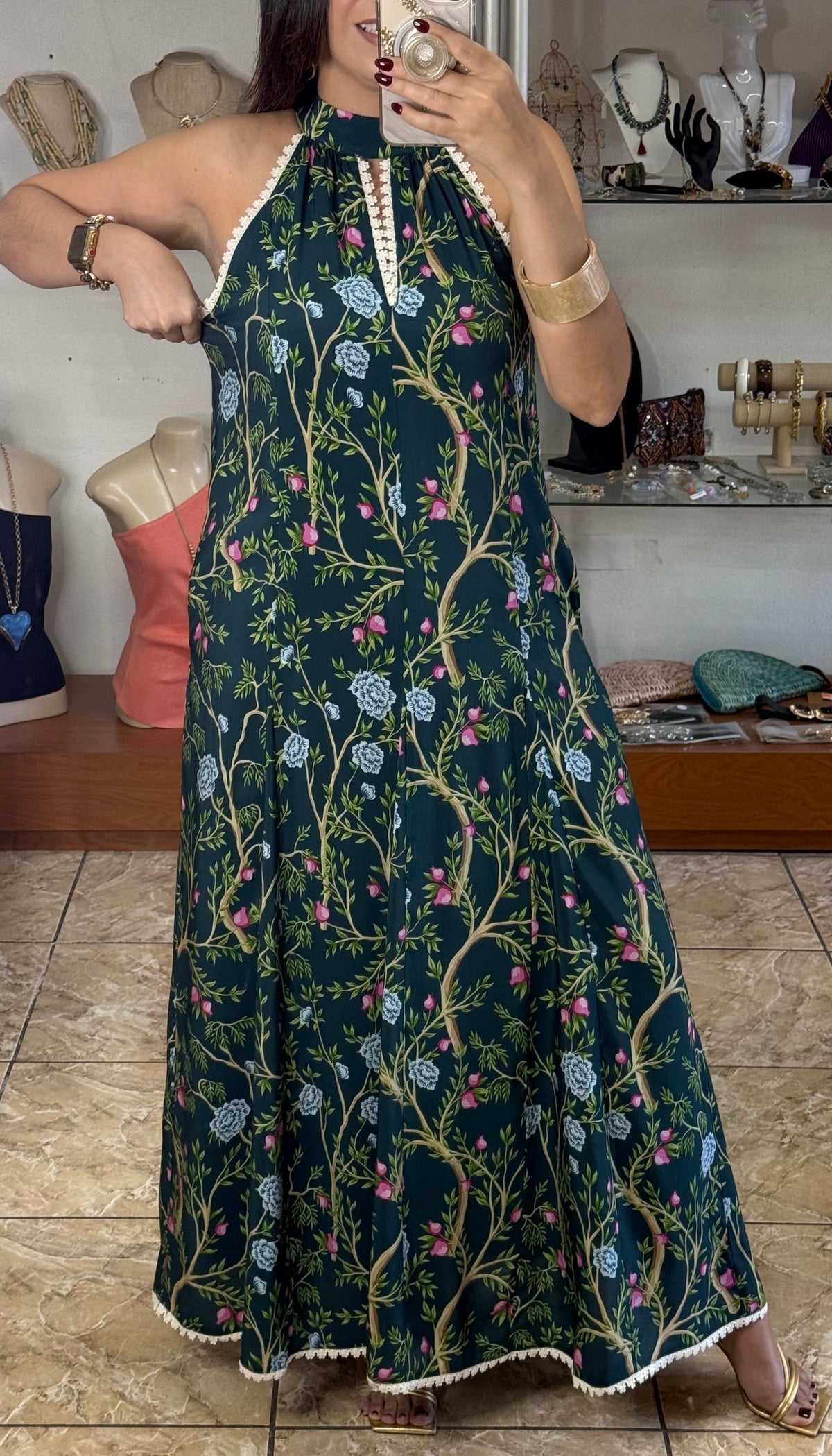 Halter Teal/Floral Maxi Dress