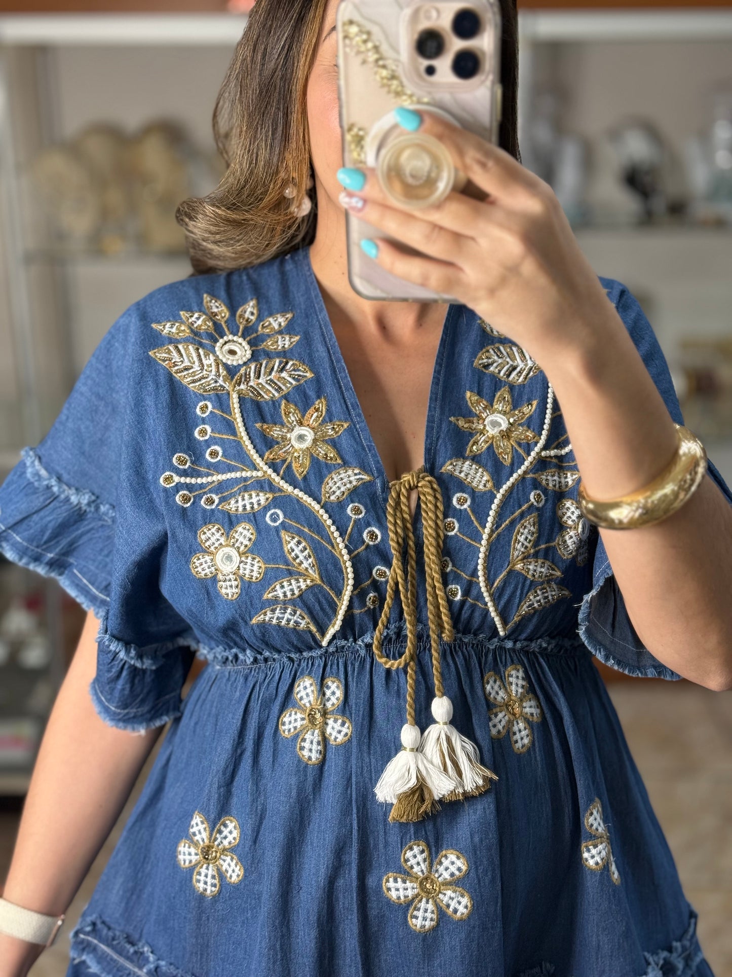OS Short Embroidered Denim Dress (NO RETURNS OR EXCHANGE)