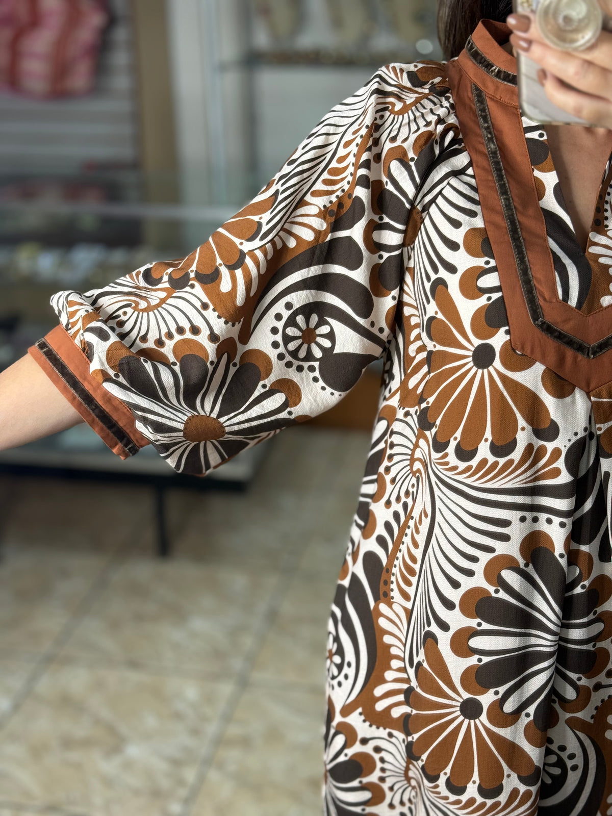 Brown Mix Abstract Print Midi Dress