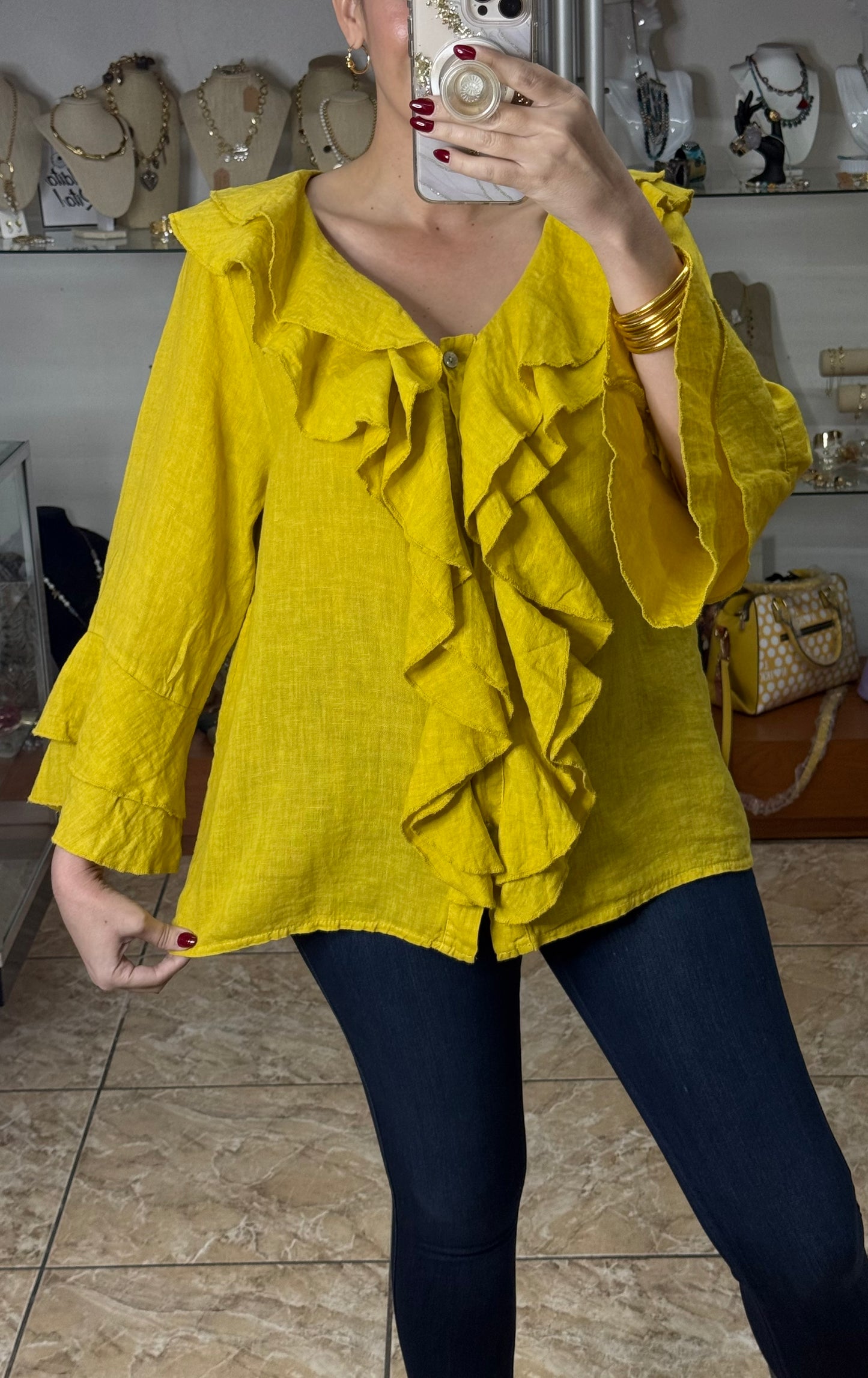 OS Long Sleeve Ruffled Linen Top (FINAL SALE)