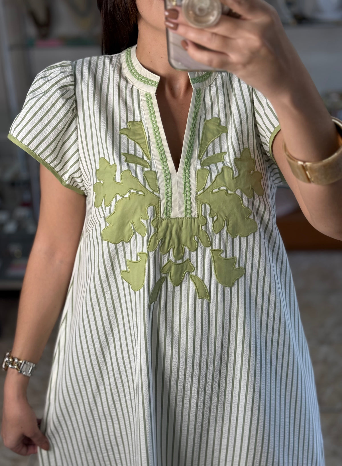 Sage Stripes Embroidered Midi Dress